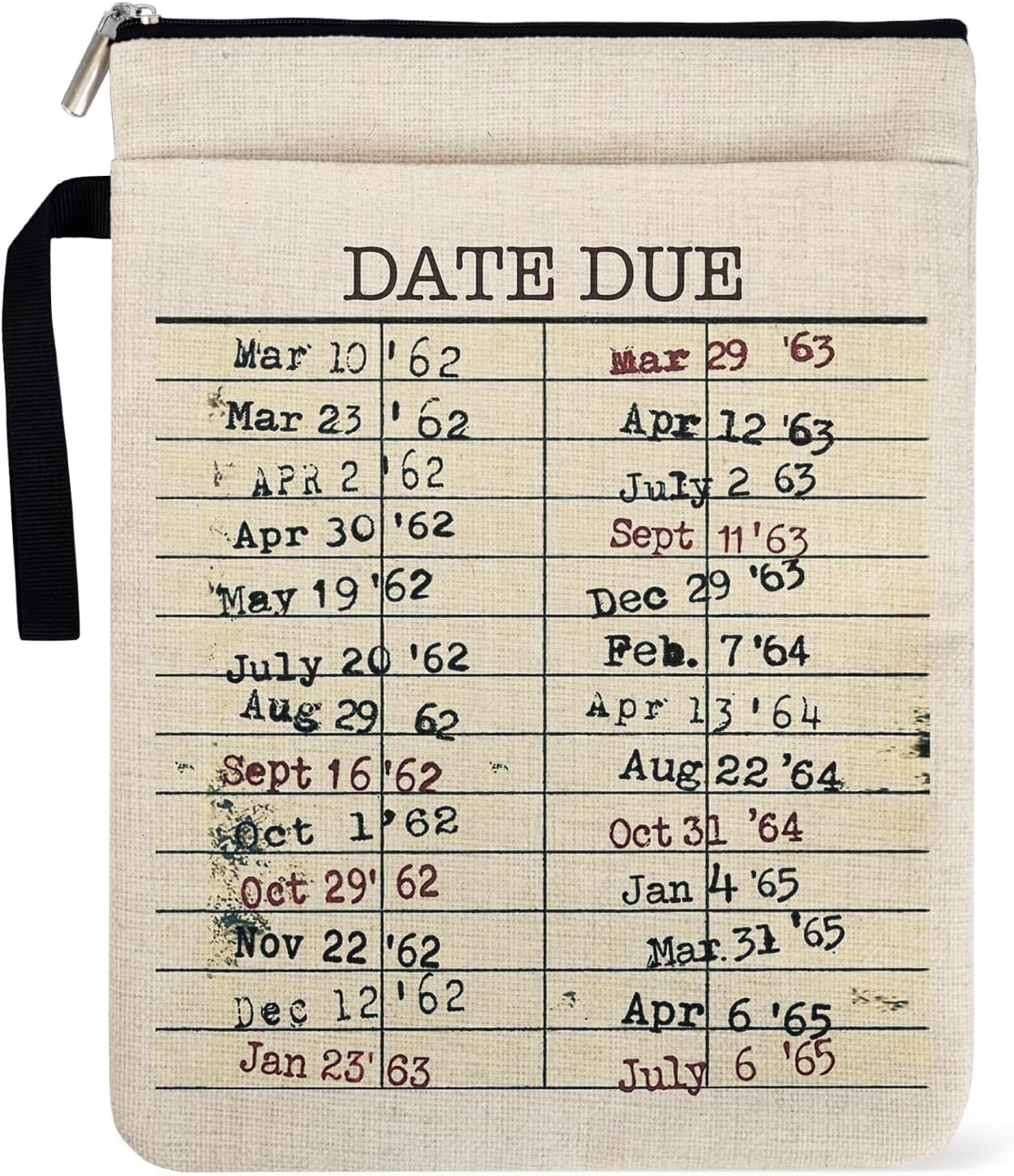 Library Date Due Book Sleeve Book Bag Gifts for Book Lover, Paperback Sleeve for Librarian Lovers Bookish Group Club Gifts for Women, Book Cover with Zipper and Front Pocket 9 x 12 Inch