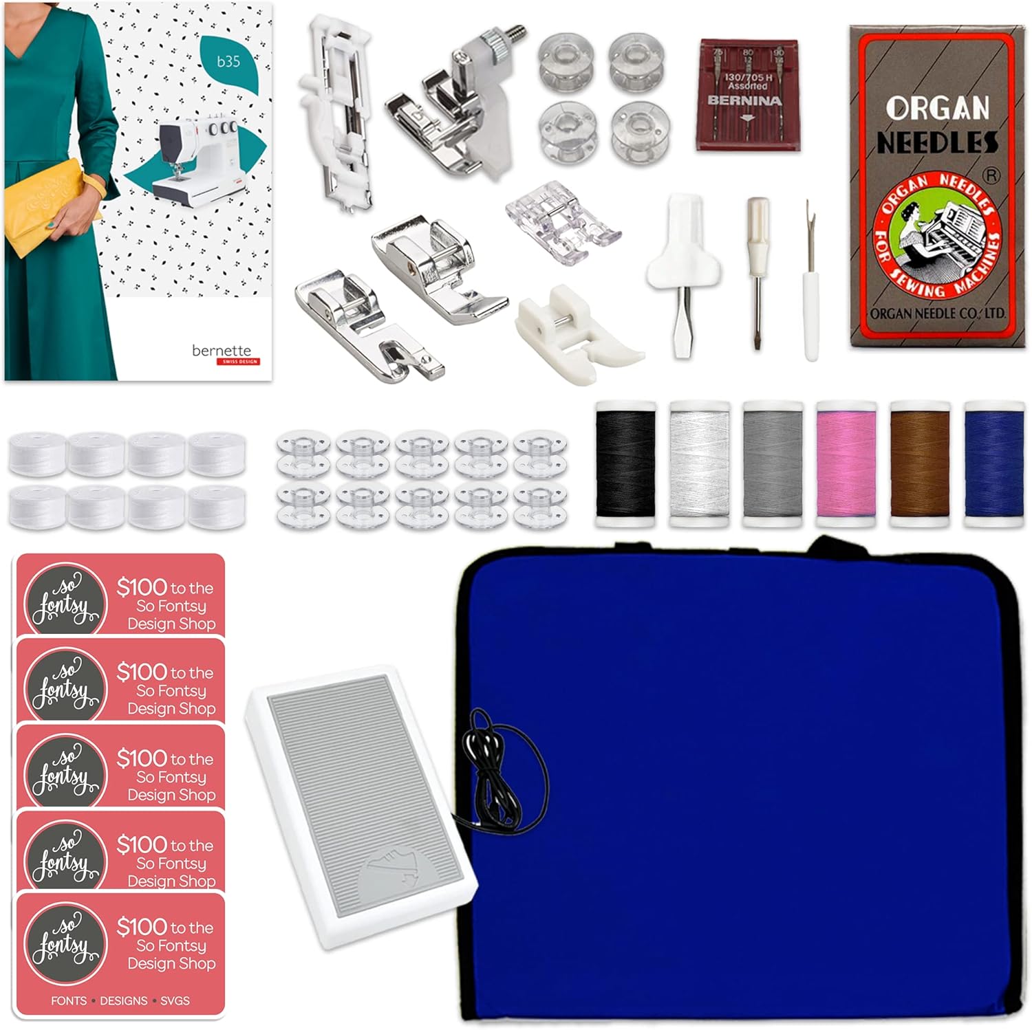 Bernette B35 Sewing Machine with Deluxe Sewing Bundle with Embroidery Designs, Accessoires, and More