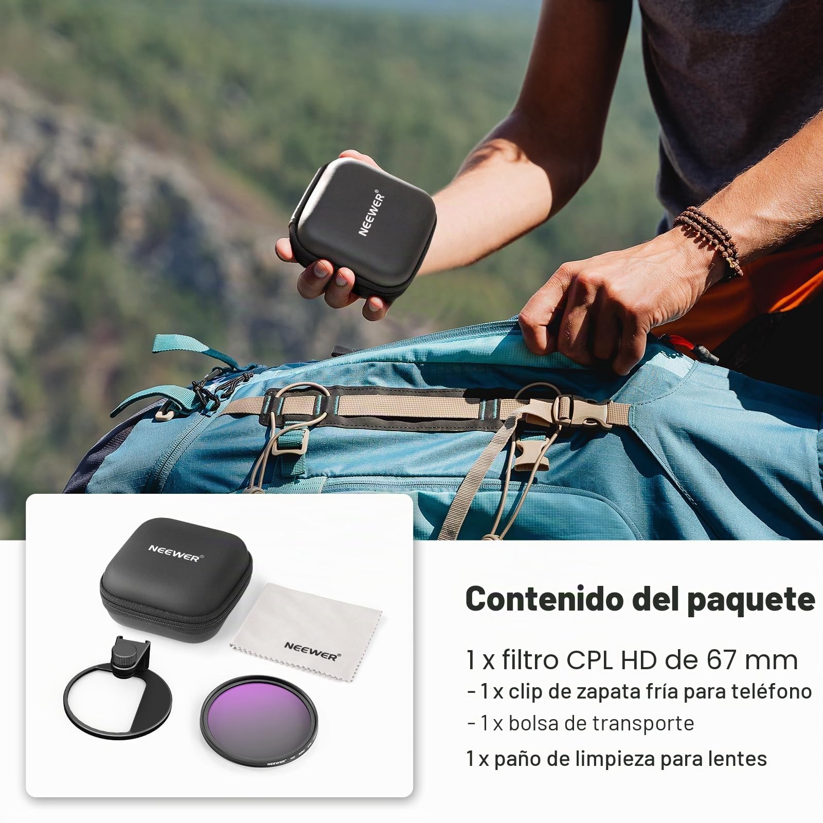 NEEWER Filtro CPL de 67 mm para teléfono, Filtro polarizador HD de 67 mm y Clip de teléfono de Zapata fría, Incluye Bolsa de Transporte y paño de Limpieza de Lentes, Compatible con Galaxy S24 Series