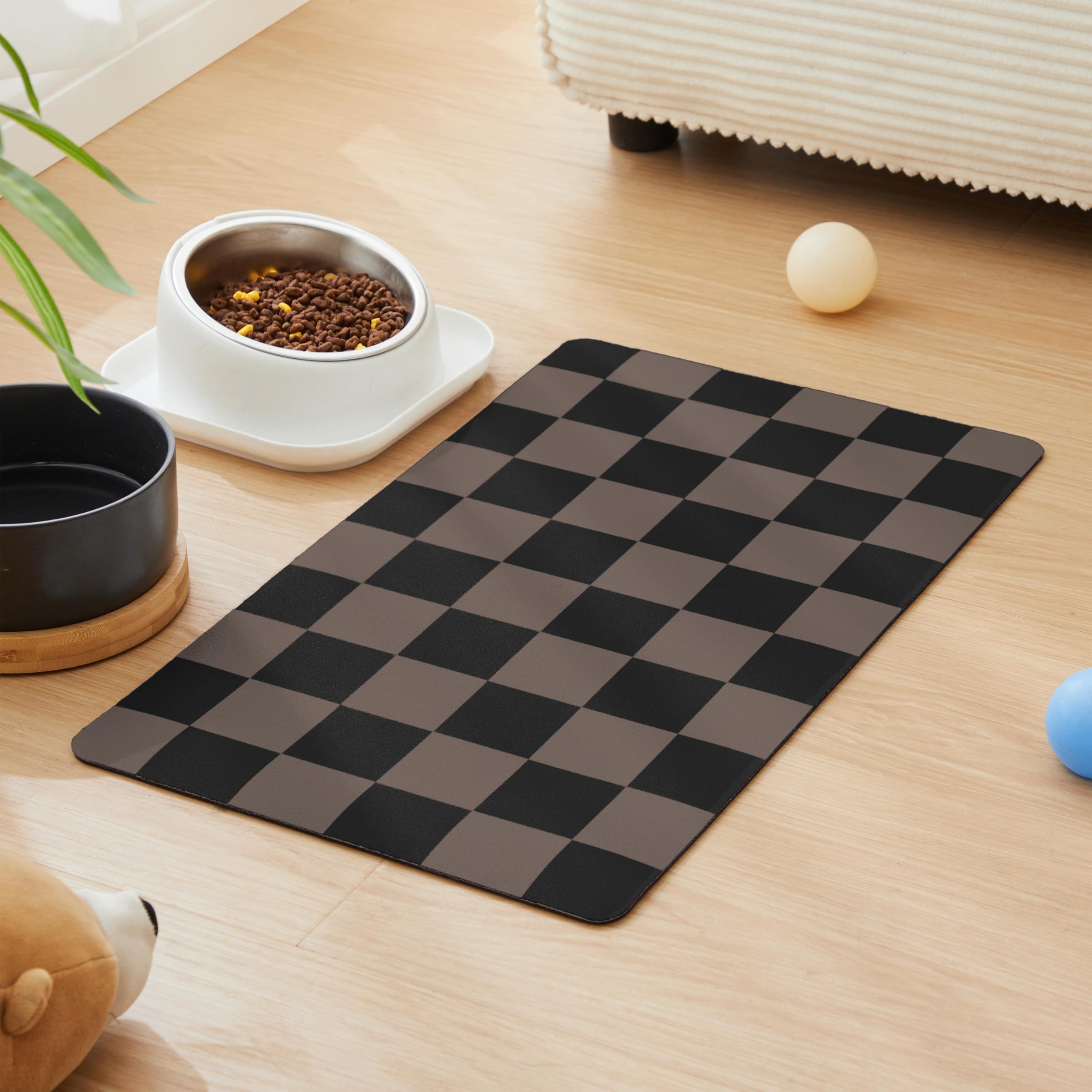 Ralxion Checkered Dog Feeding Mat, Absorbent Mats for Dog Food and Water Bowl, Dispenser, Aesthetic Orange Checkerboard Pet Placemat for Dogs, Cats, Puppy Accessories (Brown, 16 x 24)