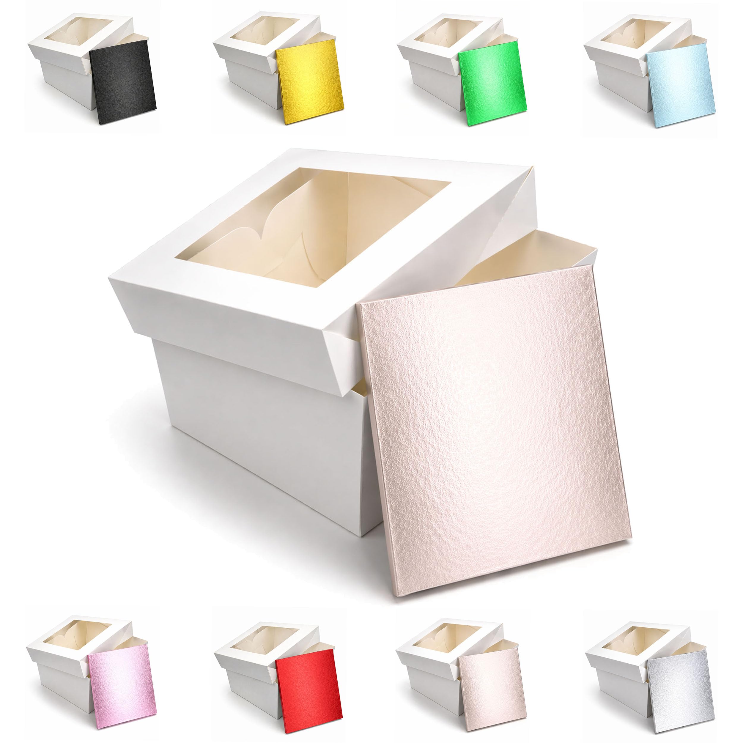 LARRYROO Square Colour Cake Drum Board & White Box with Clear Display Window + Lid Combo Pack for Wedding, Birthday Cakes (Rose Gold, 8 Inch)
