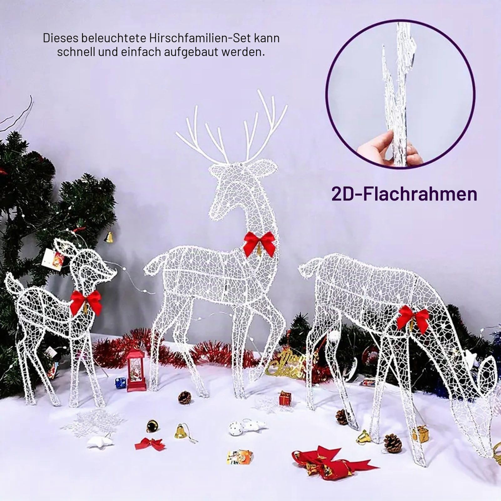 LED Rentier Familie Weihnachtsdeko,3 Stück 2D Beleuchtetes Weihnachtsrentier,Outdoor Rentier Hirsch Figur, Leuchtende Dekoration für Den Garten,Stehende Rehkitz Dekoration