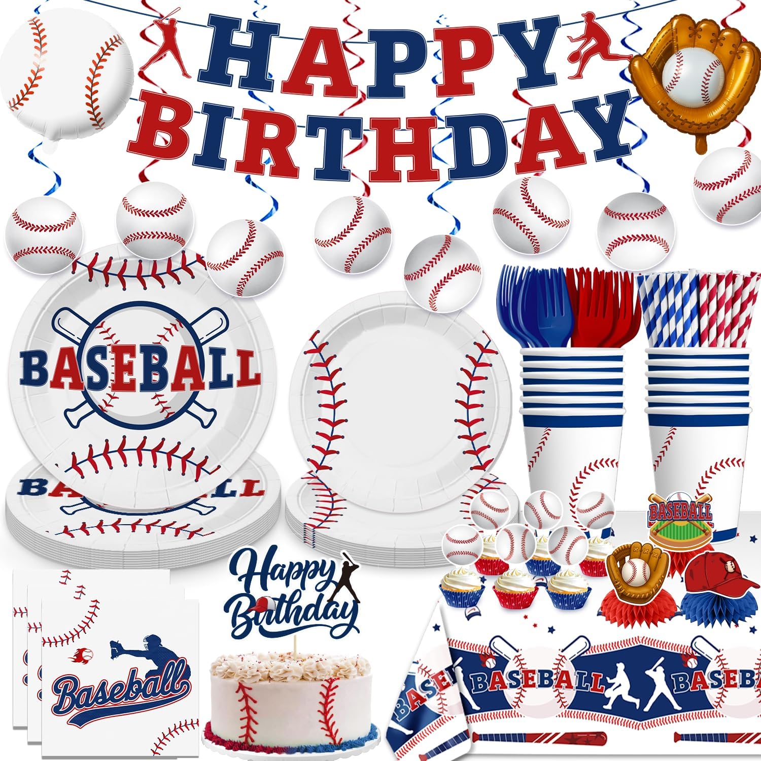 Xynic 187Pcs Baseball Birthday Decorations Tableware Set Serve 25 Guests, Baseball Party Decorations Include Banner, Plates, Tablecloth, Cake Topper, Cups, Cupcake Topper for Baseball Birthday Party