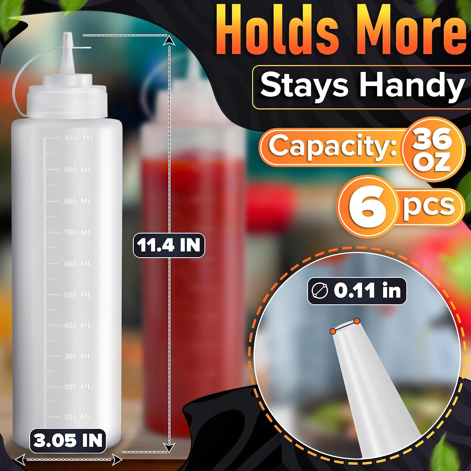 6-Pack Plastic Condiment Squeeze Bottles 36oz – Refillable Squirt Bottles with Narrow Tip, Leak-Resistant | Great for Oil, Sauces, Ketchup, Mayonnaise, Syrup, Dressing, BBQ Stations & Catering Use