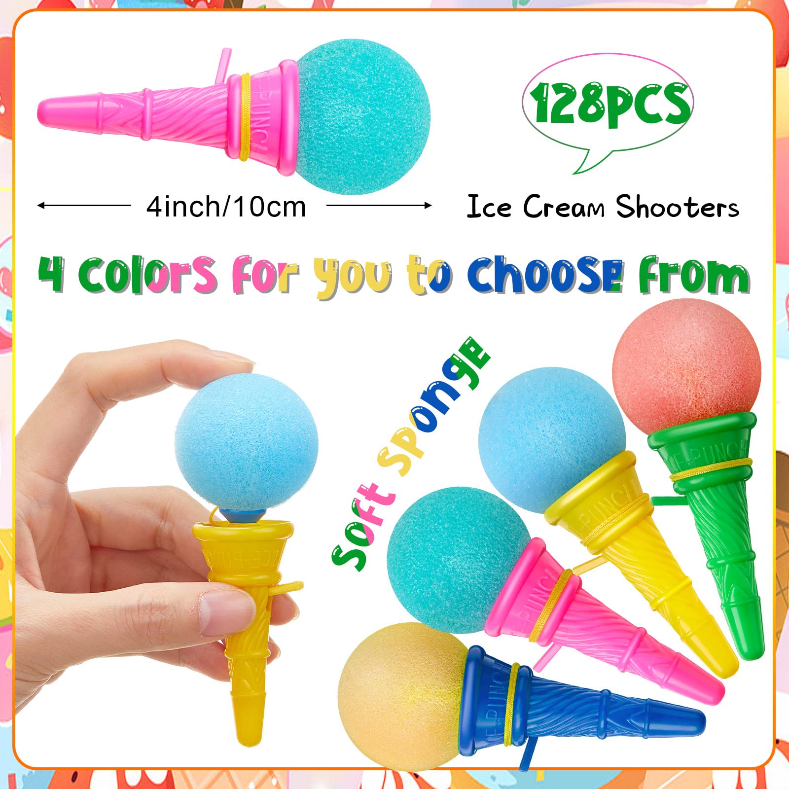 Meooeck 128 Pcs Ice Cream Shooter Bulk 4 Inch Ice Cream Prizes Cone Ice Cream Party Favors Foam Ball Launcher for Girls and Boys Carnival Birthday Game Prizes Decorations