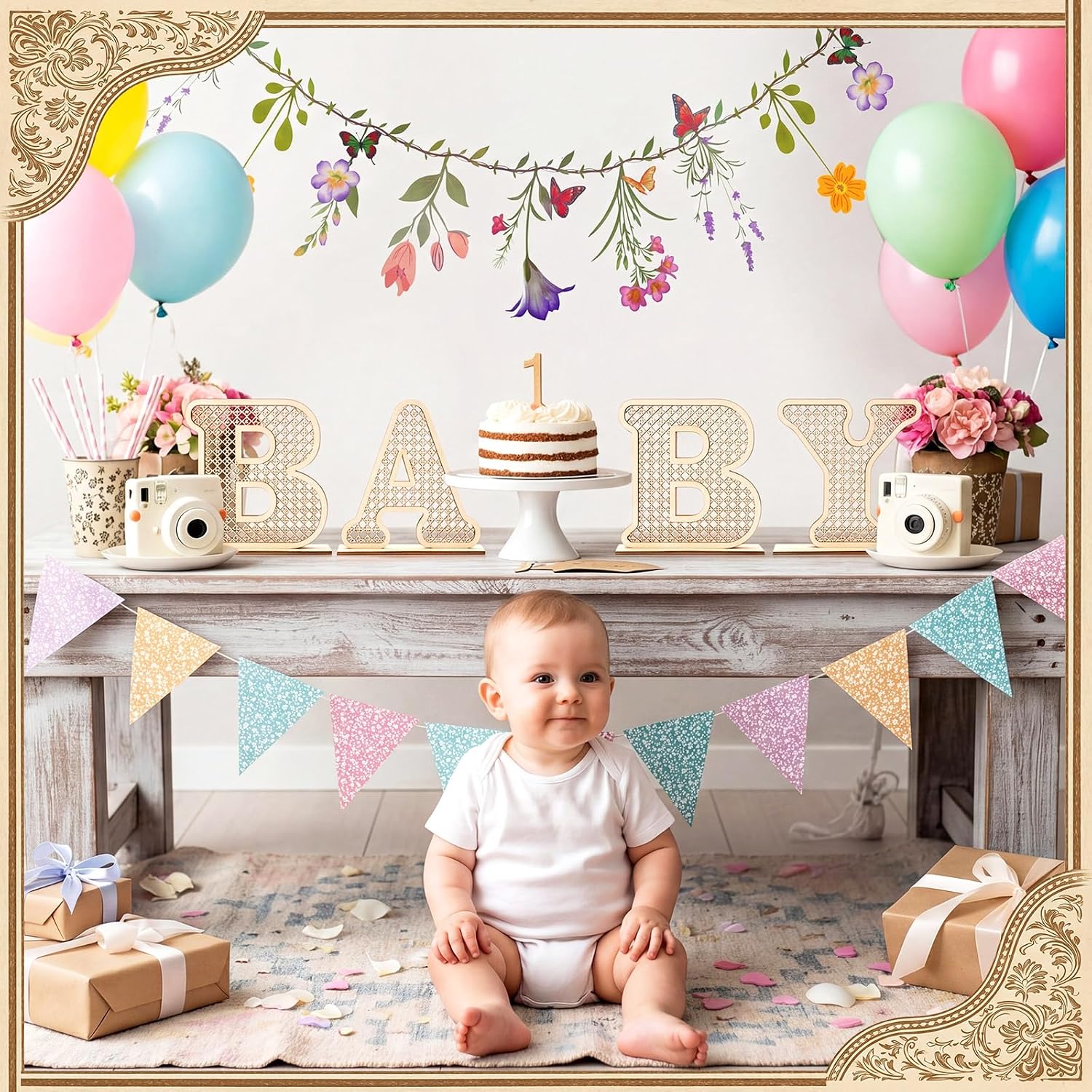 RattanView 1 Set Boho Baby Shower Decoration Wooden Baby Letters with 7.9 ft Wildflower Garland Banner Reusable for Toddler Newborns Birthday Gifts Rustic Rattan Alphabet Letter and Floral Banner