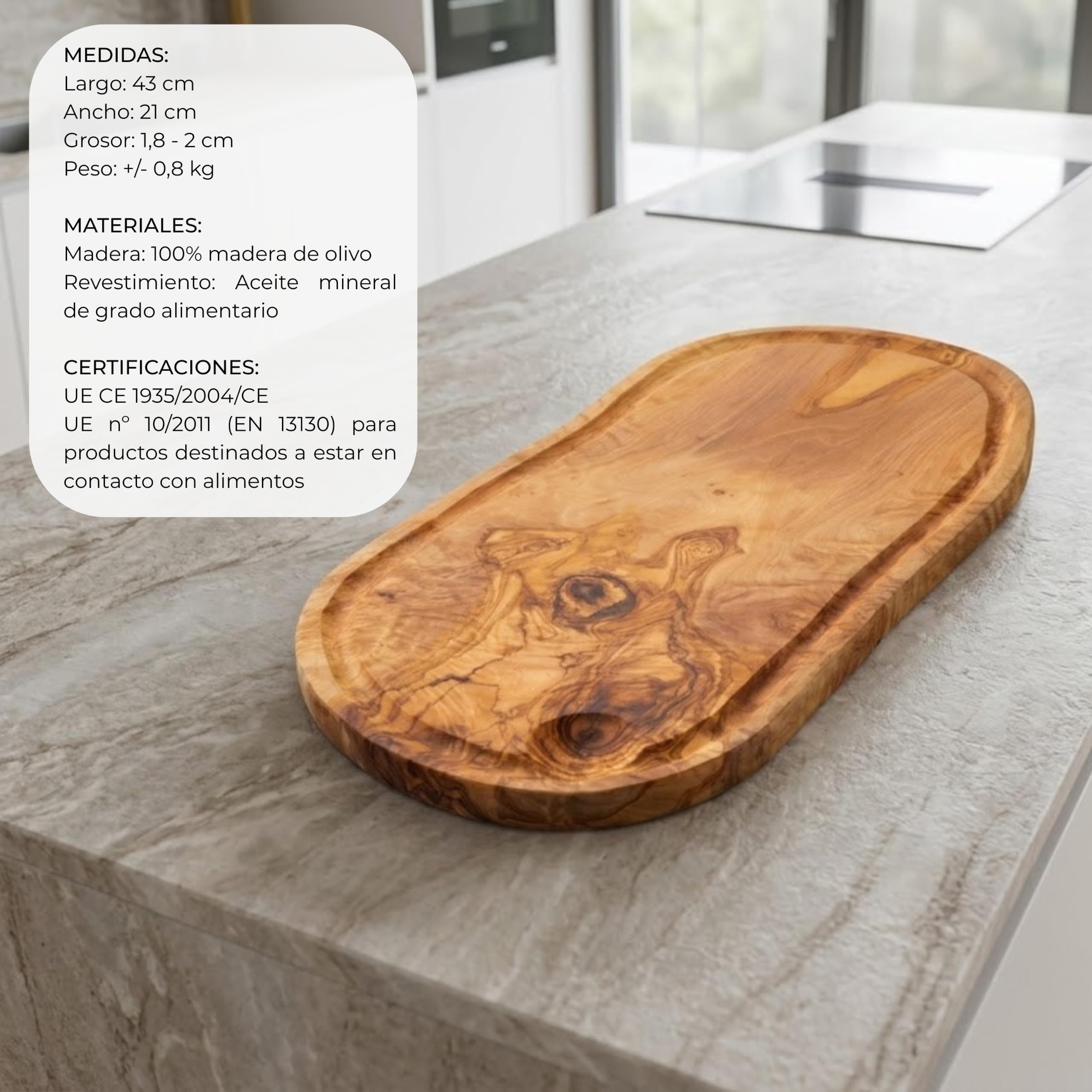Erreke Tabla de Madera de Olivo Natural con Ranura, 43 x 21 cm, Uso Diario | Tabla Madera Cocina. Reversible con Canal para Jugos. Servir y Picar Carne Quesos. Estilo Mediterráneo. Para Cocina y Mesa