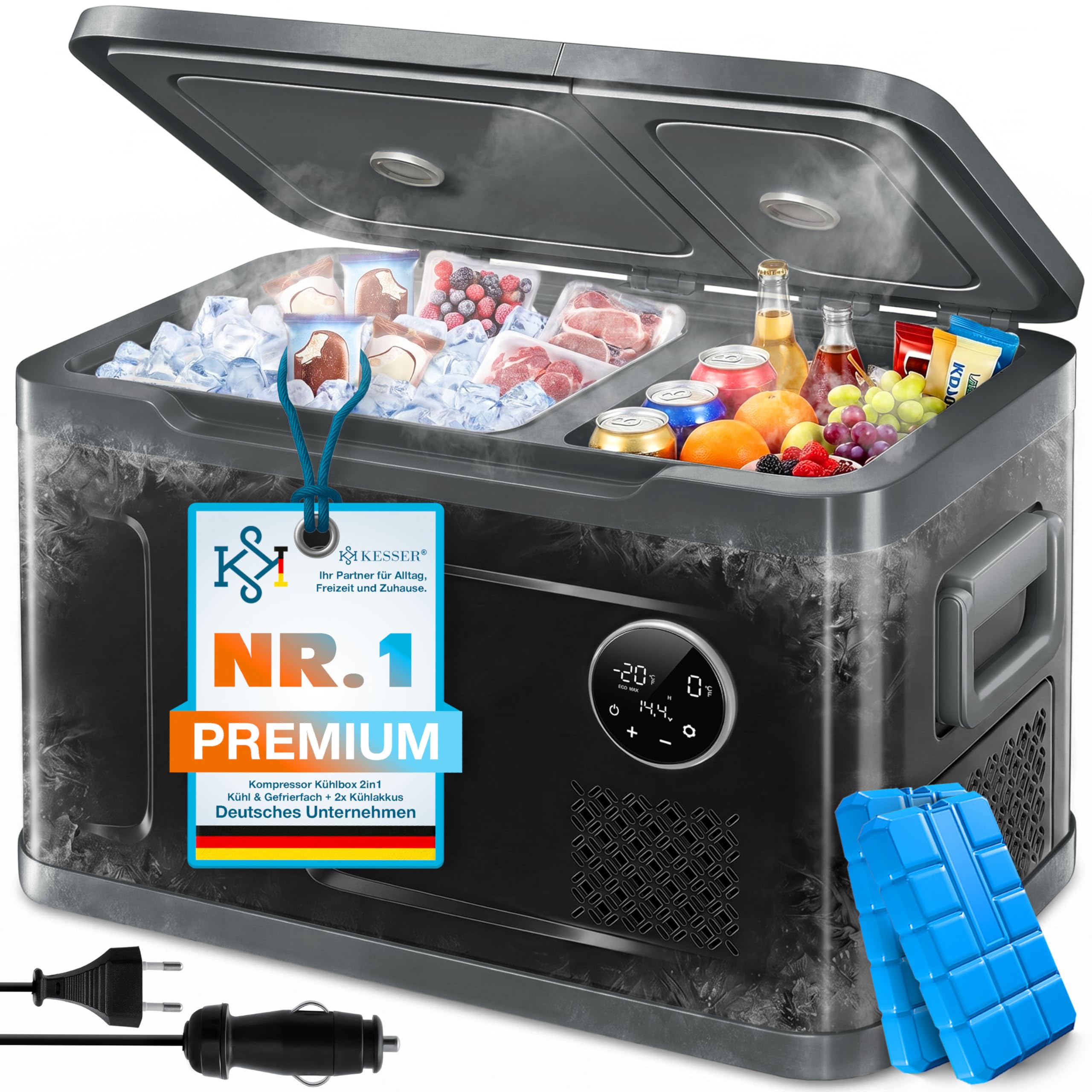 KESSER® Glacière à compresseur 2en1 double zone de réfrigération & de congélation, électrique Glacière de congélation Commande tactile LED 12/24 V 230V, Réfrigération jusqu'à -20 °C 49 Litres