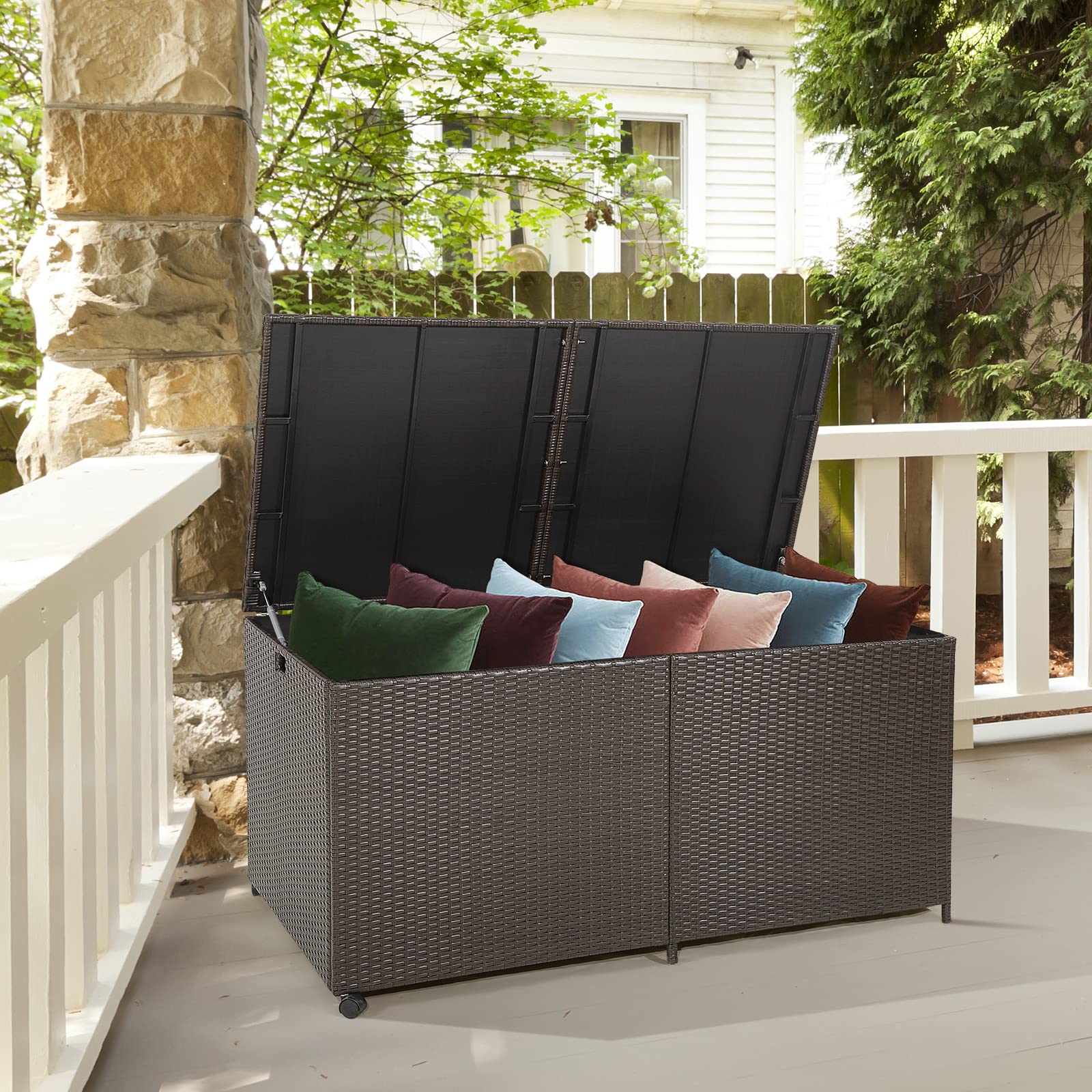 KOMFOTTEU Caja de Almacenamiento de 662 L con Tapa, Baúl de Jardín de Ratán con 2 Ruedas, Arcon Exterior con Asas para Balcón, Terraza, Patio, 150 x 77 x 73 cm