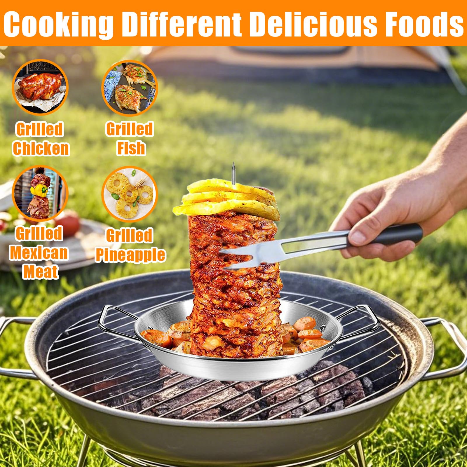Soporte Pincho Vertical Acero Inoxidable con 3 Picos Extraíbles & 2 Cepillo, Repuesto Brocheta Horno, Accesorios Kebab Parrilla, Herramienta Barbacoa para Pollo, Pescado, Bistec, Kebabs Shawarma