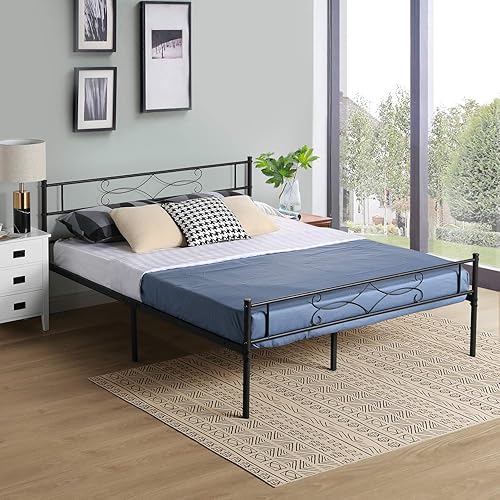 VECELO Base de cama de tamaño matrimonial, plataforma de metal blanco, base de colchón con cabecero, soporte de listones de acero, no necesita