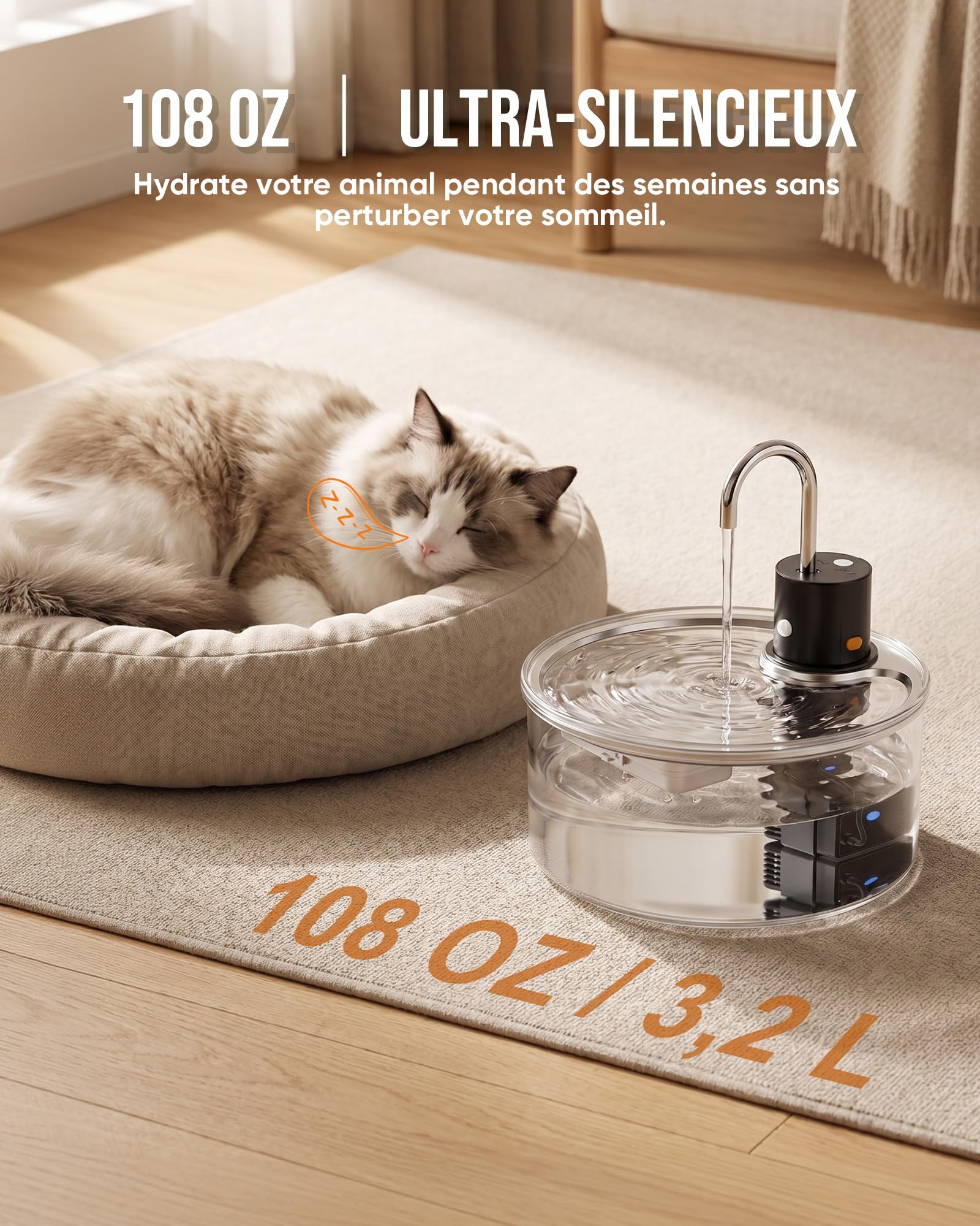 Tomxcute Fuente para Gatos 3,2L de Vidrio con Sensor | Batería de 5000mAh para uso inalámbrico, salida automática de agua y nivel visible de un vistazo