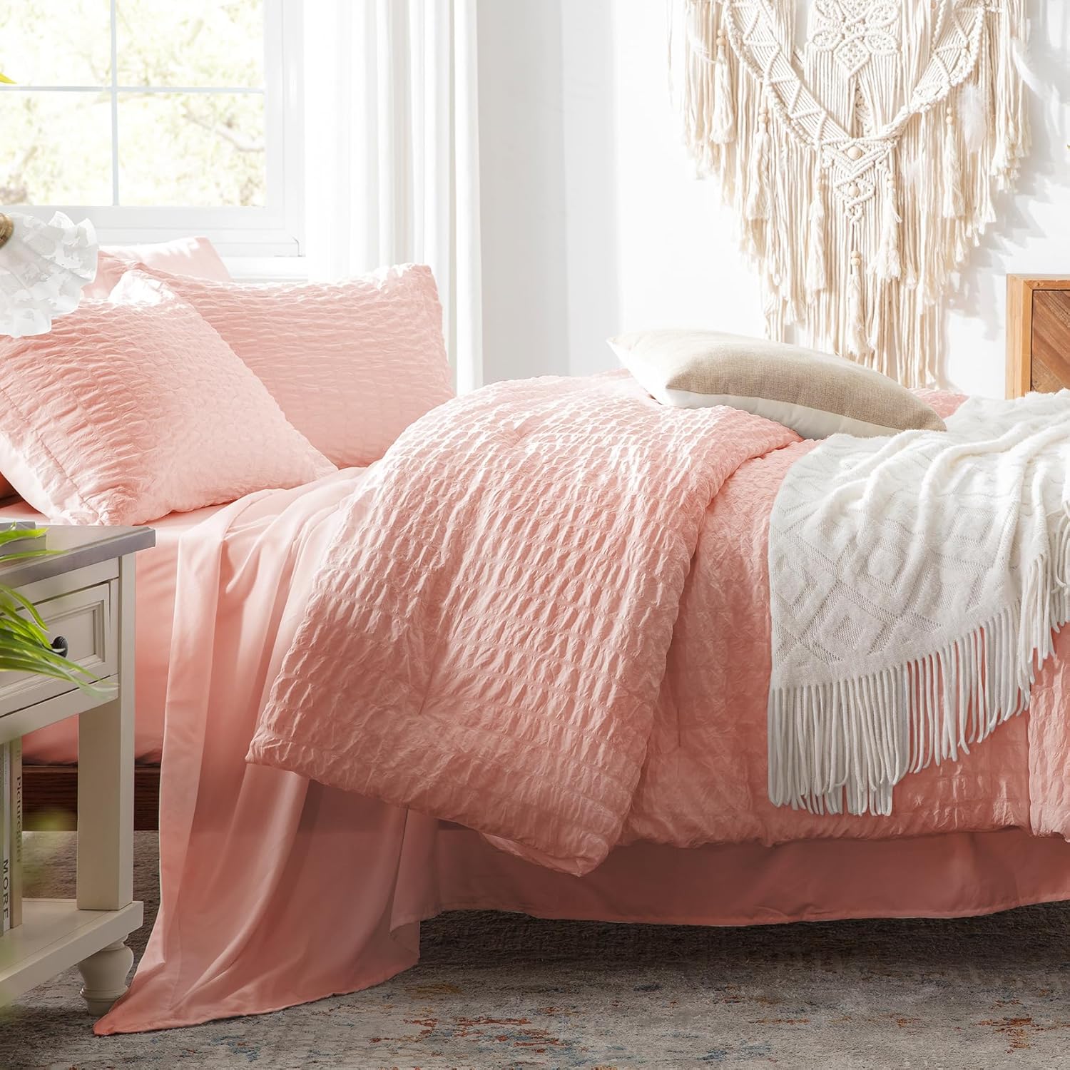 Zzlpp Full Comforter Set 7 Pieces, Pink Seersucker Bed in a Bag with Comforter and Sheets, All Season Bedding Sets with 1 Comforter, 2 Pillow Shams, 2 Pillowcases, 1 Flat Sheet, 1 Fitted Sheet
