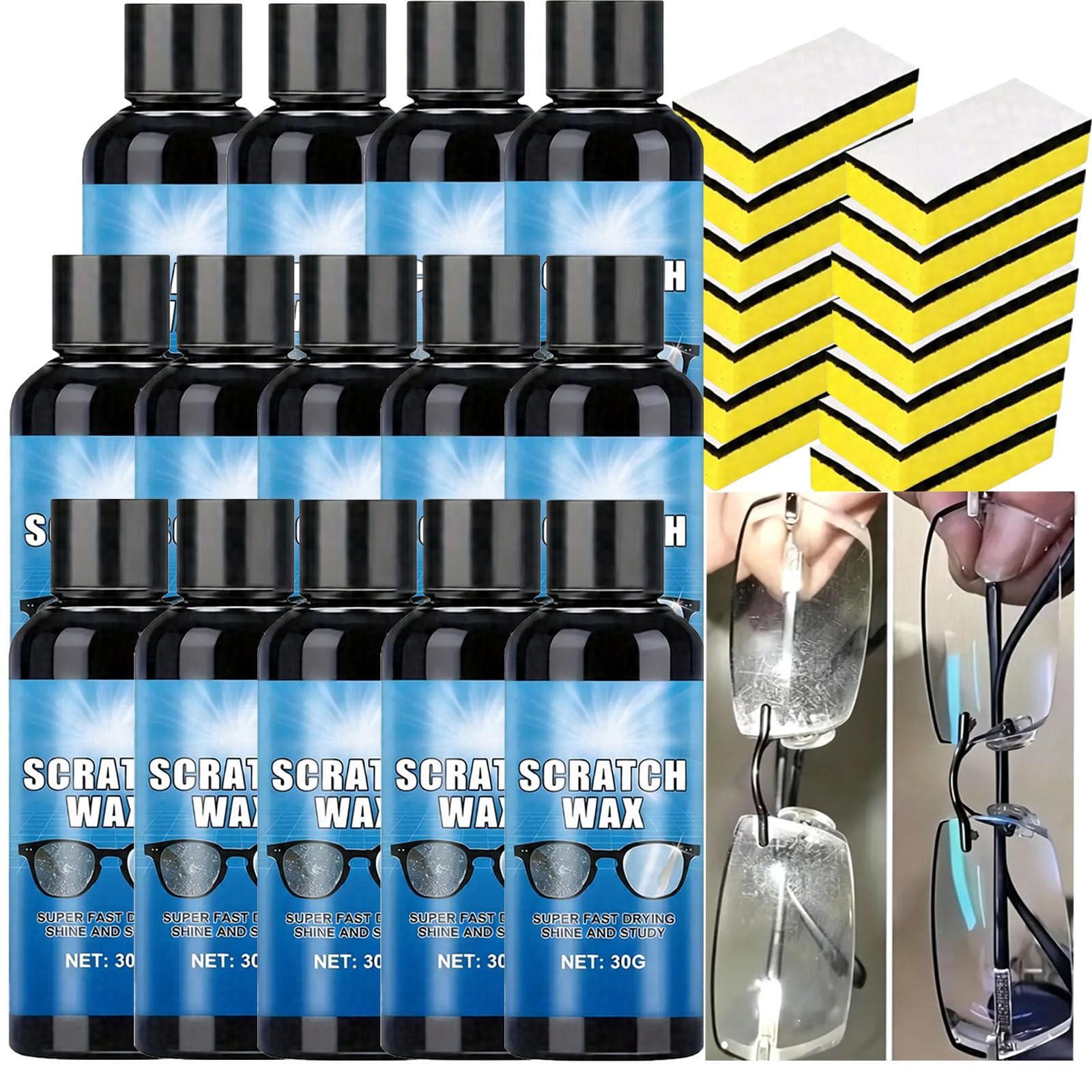 Professionelles Glas- und Linsenkratzer-Reparaturset, fortschrittlicher Brillenkratzer-Entferner & Wiederherstellungsflüssigkeit für klare Sicht, Polierwachs-Formel für Brillen, Sonnenbrillen (14PCS)