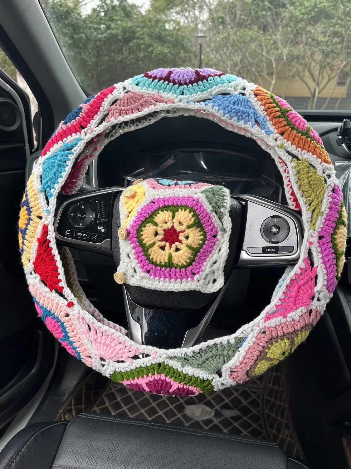 Crochet Galsang Flower Car Steering Wheel Covers,Seat Belt Cover,Car Interior Accessories Decorations (D,Wheel Cover+2belt Cover+2Coaster+Campanula)