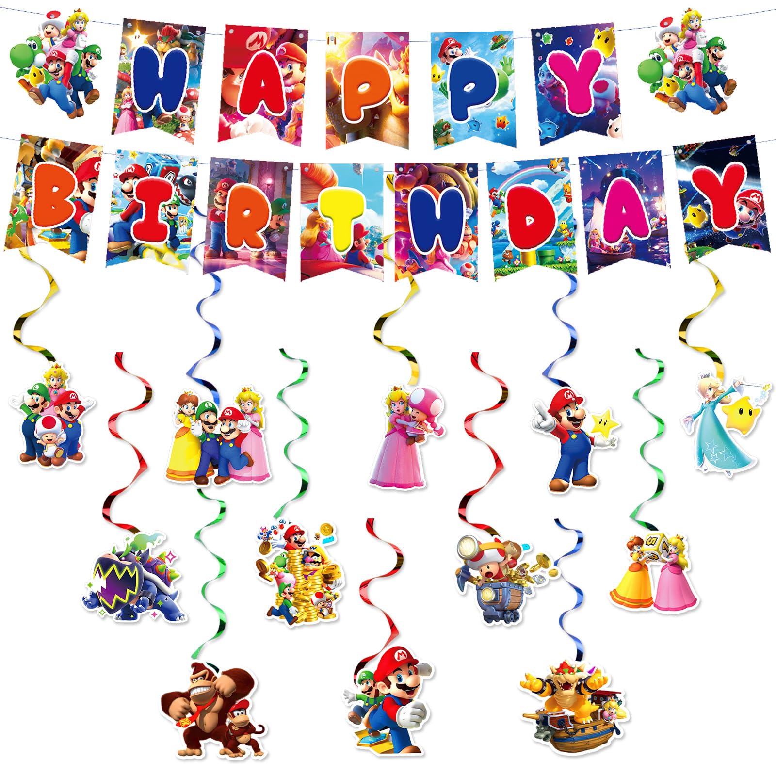 13PCS Super Birthday Decorations Banner for Boys Girls, Happy Birthday Banner Decoration Bunting Garland Hanging Swirls for Kids Birthday Party Supplies — image 1