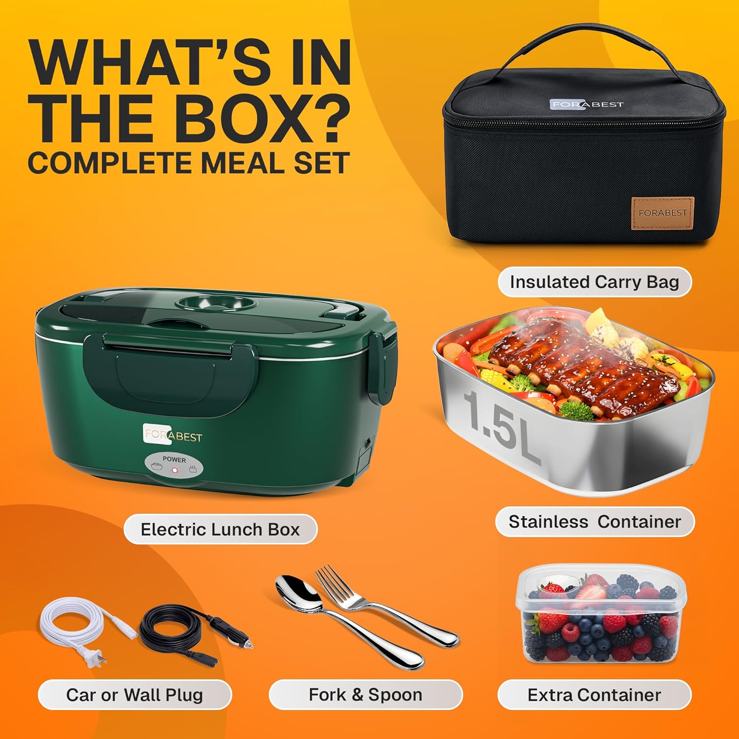 FORABEST Heated Lunch Box - 80W Electric Lunch Box - Portable Food Warmer with 1.5L Stainless Steel Container, Carry Bag & Leakproof Lid - 12V/24V Car/Truck & 110/220V Home/Office - Army Green