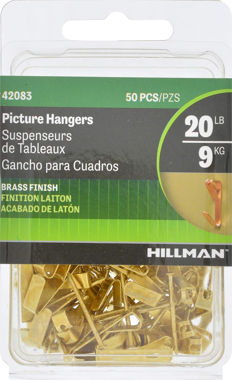 Hillman Hanging-Hardware 42083 Brass Conventional Picture Hangers (20lb), 50 Piece - Picture Hanging Hardware - 