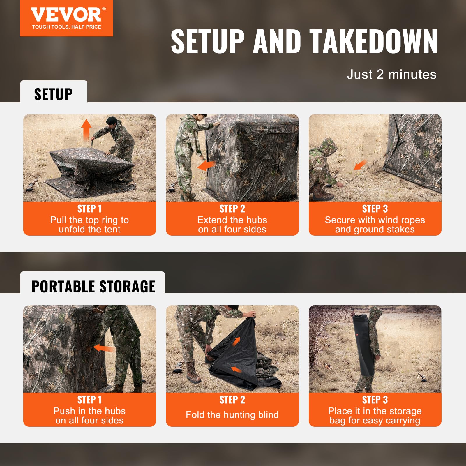 VEVOR Tienda de Caza Portátil Visión de 270° Puesto de Caza Plegable para 2 o 3 Personas con Bolsa de Transporte Tienda de Camuflaje Resistente con 3 Ventanas Horizontales, 1480 x 1480 x 1700 mm
