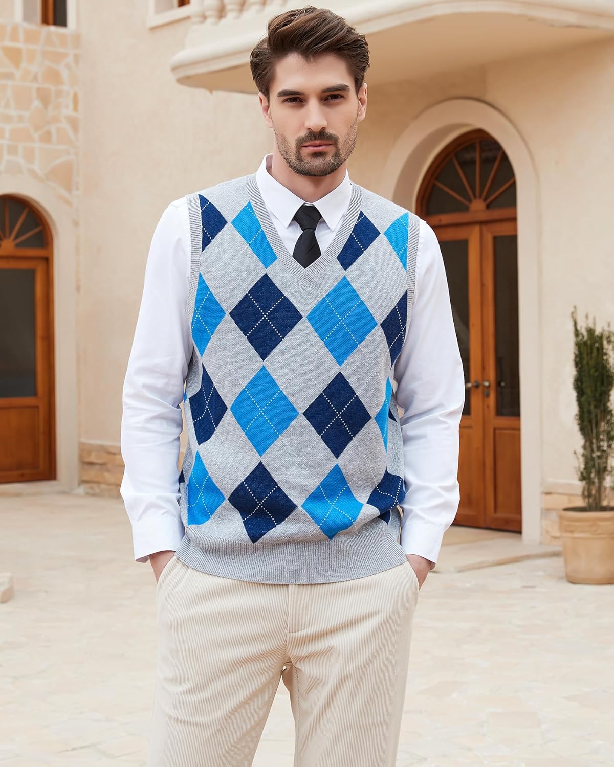 Kallspin Men's Argyle Vest Sweater Wool Blend V-Neck Sleeveless Pullover Sweater - Image 2