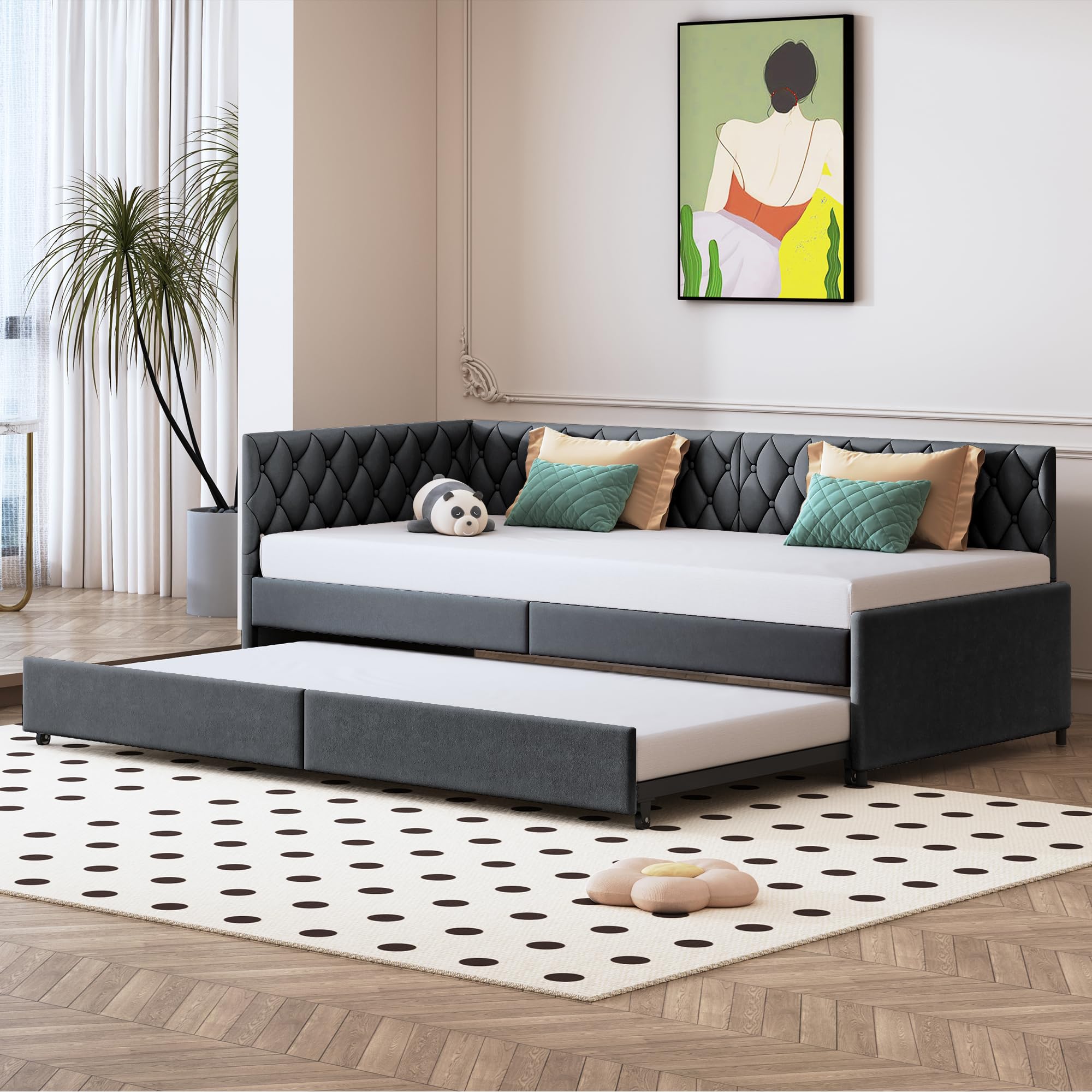 Uitschuifbed 90/180x200, ombouwbare slaapbank 2-zits, uitschuifbed met lattenbodem, uitschuifbed voor volwassenen, uitschuifbaar multifunctioneel bed van fluweel (Grijs-1, 90/180x200