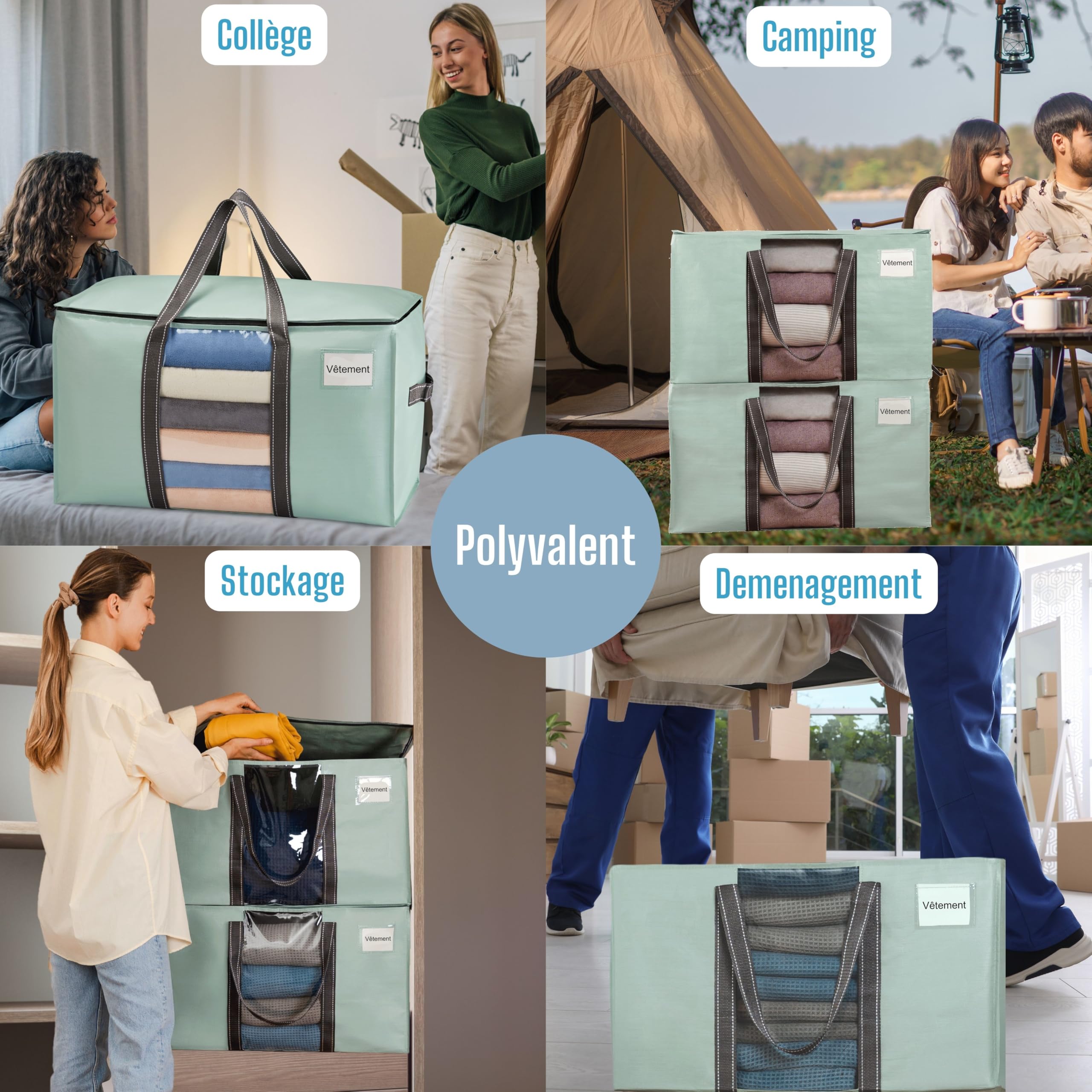 VENO 95 L Sac de Rangement Grand Pliables, Sacs de Déménagement Robustes avec Couvercle et Poignées Renforcées pour le Vêtement, Couettes et Linge de Lit, Sac à Linge(Vert Clair, Lot de 10)