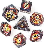 Vista 2 de Cusdie Dados DND de 7 troqueles, juego de dados poliédricos rellenos de globo ocular, para juegos de rol, dados D&D (globo ocular marrón)