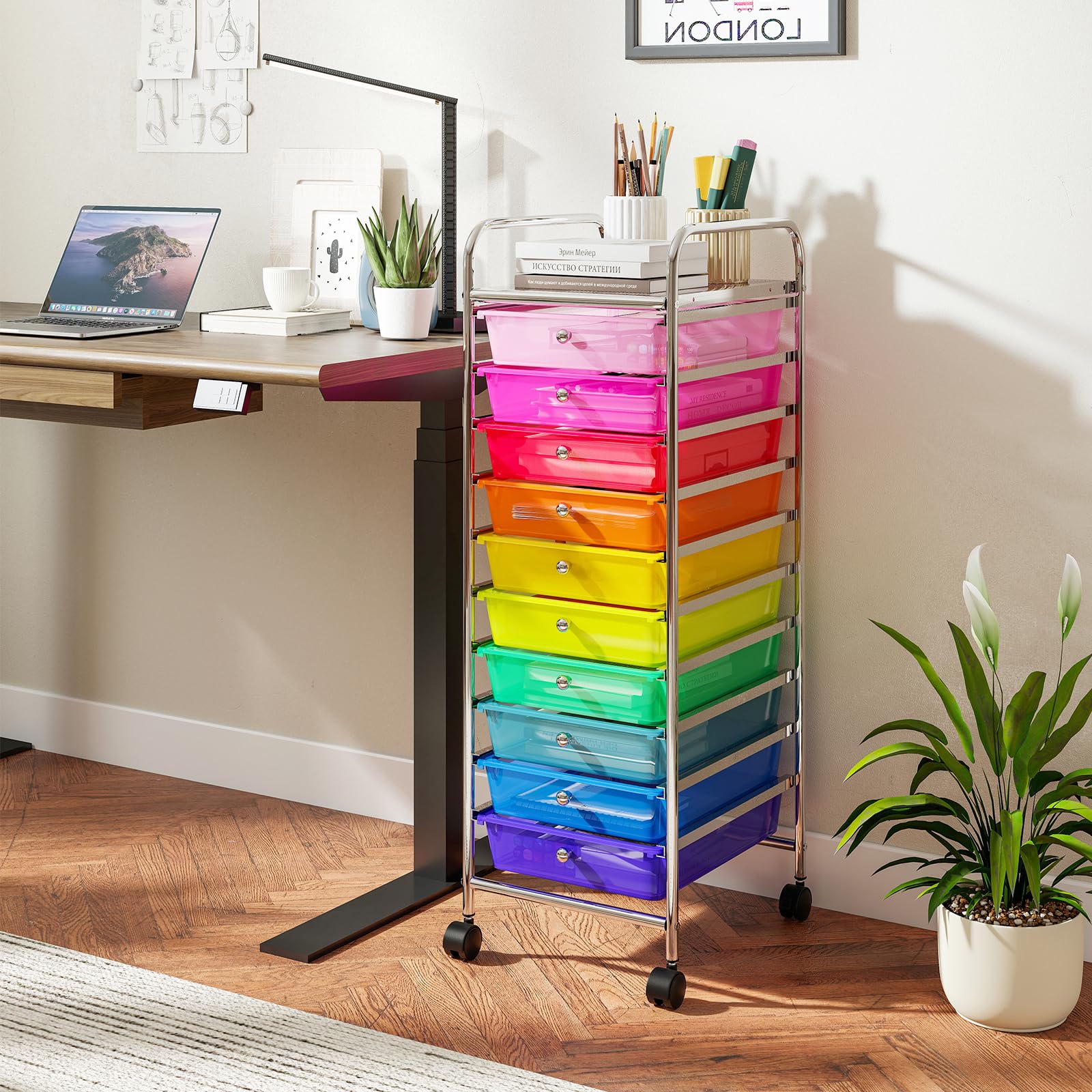 COSTWAY Carrello Portaoggetti con 10 Cassetti, Cassettiera con Ruote, Struttura in Metallo, Ruote Universali Bloccabili e Maniglia, Carrello Organizer per Casa, Ufficio (39 x 32 x 97 cm)