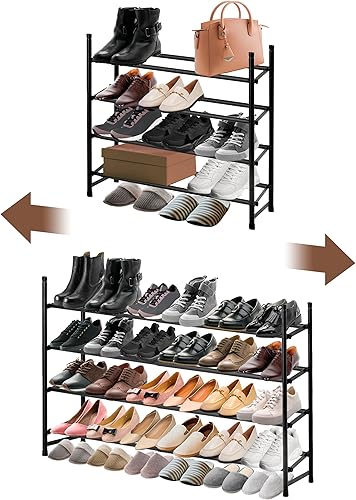 Zapatero de 4 niveles para armario y entrada, organizador de zapatos expandible y apilable para espacios pequeños, estante de metal ajustable para