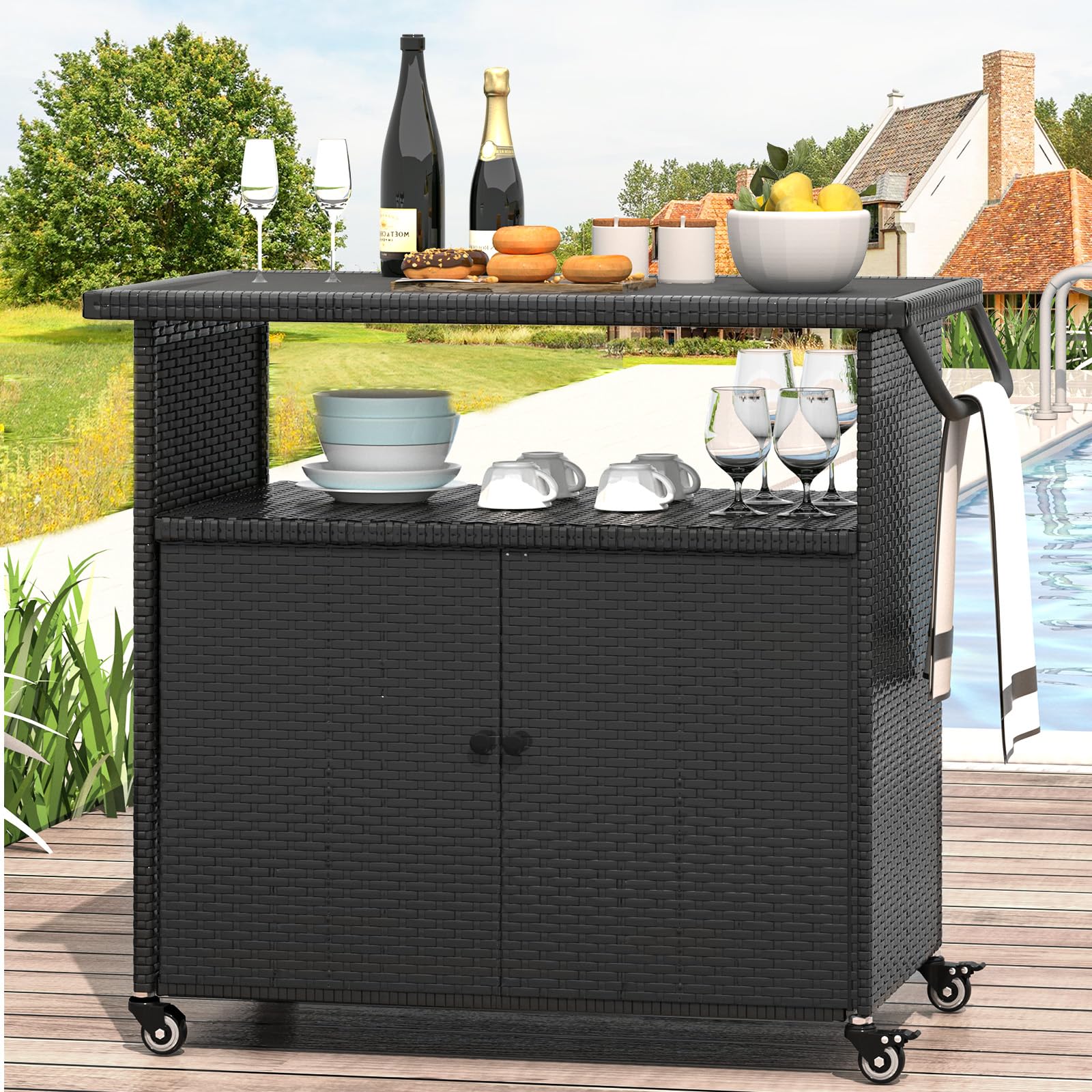 JFHID Outdoor Storage Cabinet on Wheels for Patio Outdoor Rattan Bar Cart on Wheels Storage Kitchen Cabinet Waterproof for Grill Outdoor Sideboard for