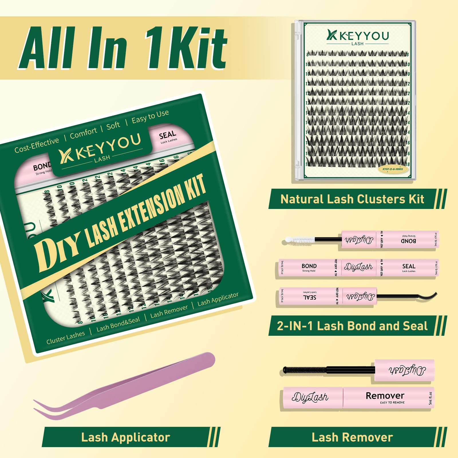 KEYYOU Cluster Lashes Kit 120pcs 8-16MIX Anime Spiky Cluster Lashes Thin Band Lash Extension Kit with Bond and Seal,Remover,Applicators for beginner DIY Wispy Eyelashes at Home (KY07 Kit) - Image 2