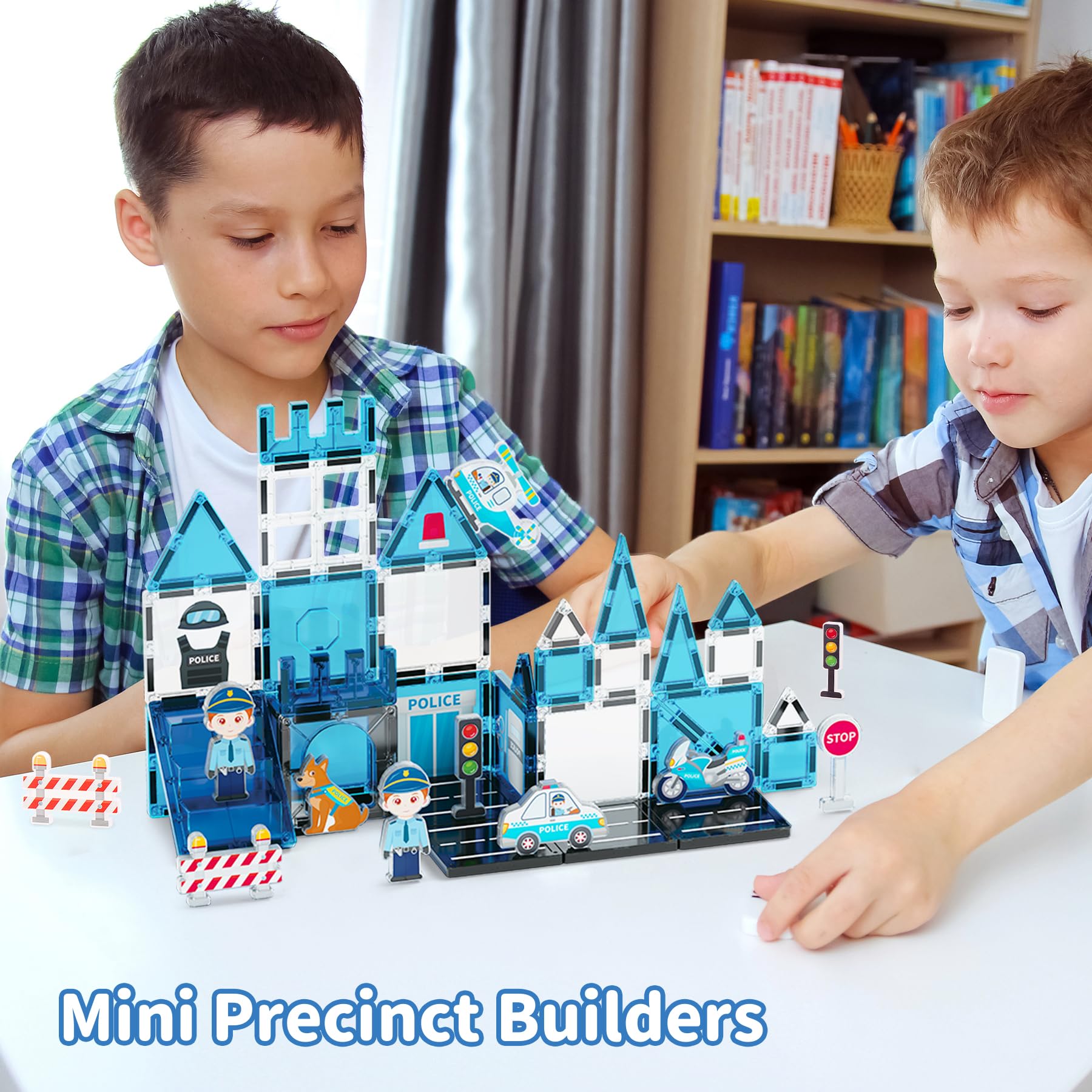 MENYORD Police Theme Magnetic Tiles (42PCS),STEM Toys with Police Car & Helicopter, Preschool Learning Building Set for Ages 3-8, for Boys Girls(Dog, Traffic Light)
