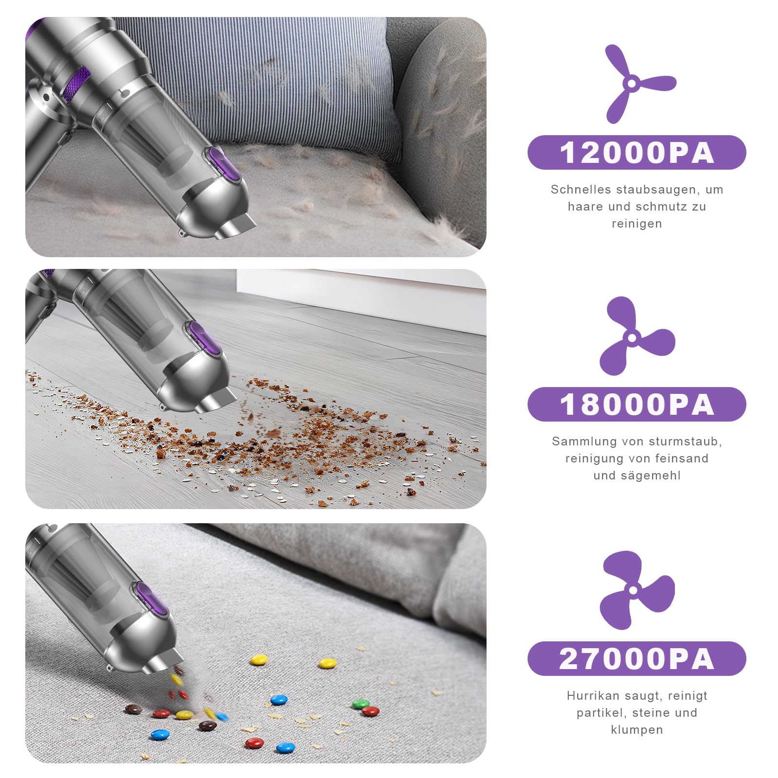 KITBEZN Handstaubsauger, 26KPA Handstaubsauger Akku Kabellos | 135W Autostaubsauger Stark, 4-in-1 Mini Staubsauger mit Bürstenloser Motor per Auto, Haus, Tierhaare, Sofa Reinigung