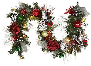 GarveeHome Prelit Christmas Garland for Mantle, 6ft Battery Operated Xmas Garland with 20 LED Lights Timer Red Green Balls for Fireplace Stair Railing TV Stand Indoor Outdoor Holiday Decor