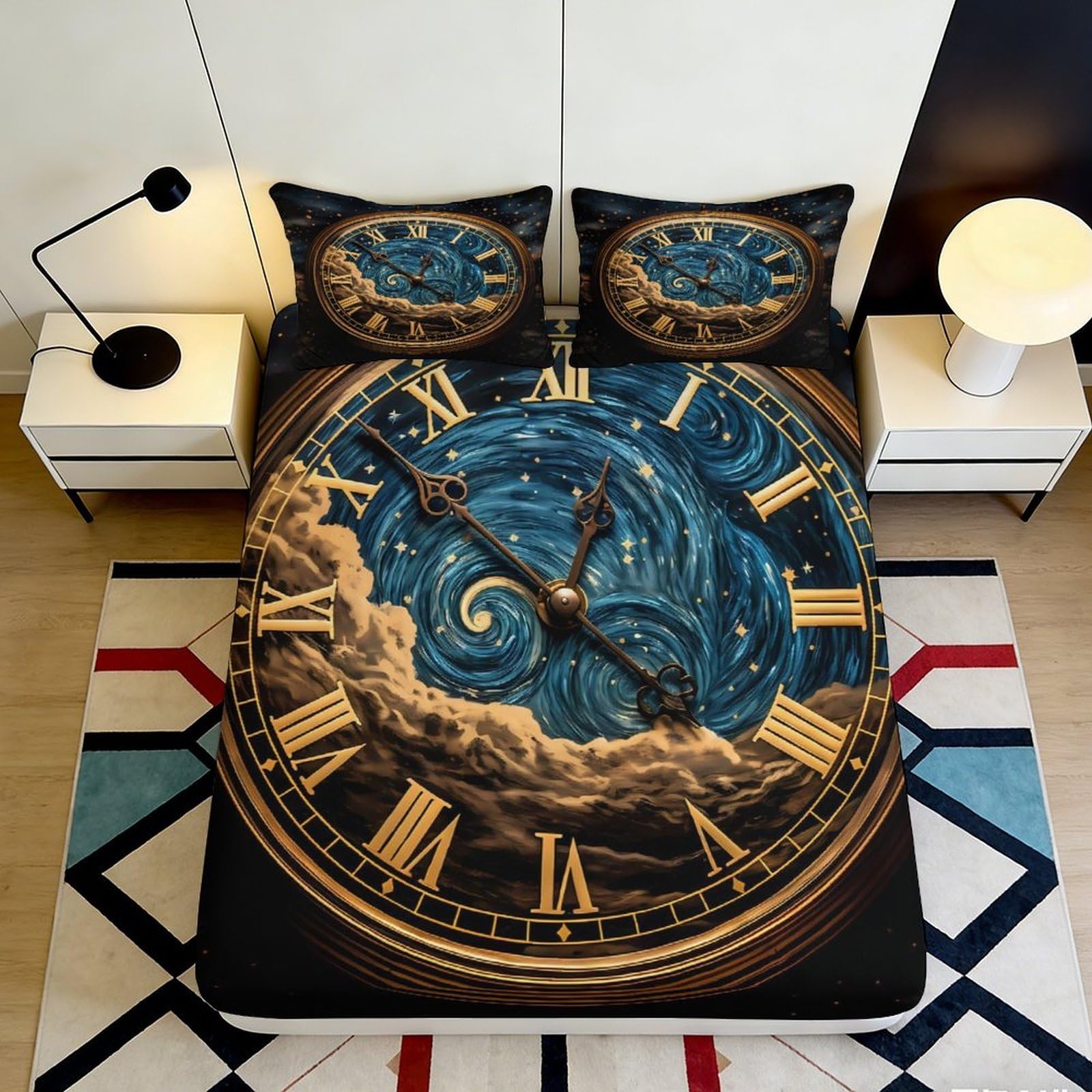 3D Printed Vintage Clock Starry Night Fitted Sheet Microfiber Soft Bed Cover Artistic Decor for Bedroom Dorm 200x200x25cm