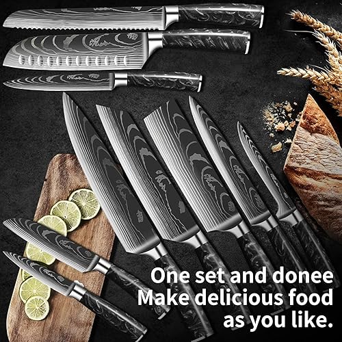 Miniatura 4 de MAXCOOK Kitchen Knives Sets 10-Piece Ultra Sharp Chefs knife with laser Damascus pattern, Black resin handle-chef's Knife, Bread Knife, Meat Knife,