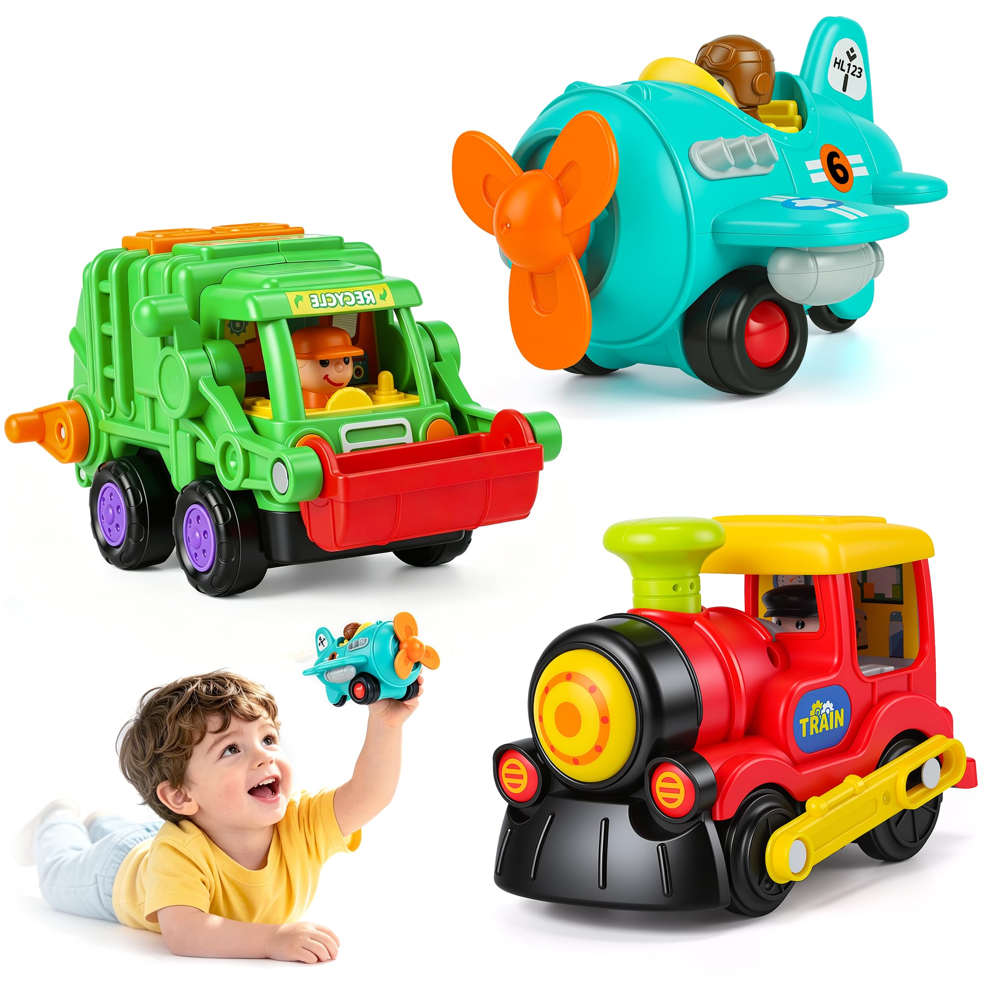 Aolieh Push and Go Friction Powered Toy Vehicles for Toddlers 18 Months+