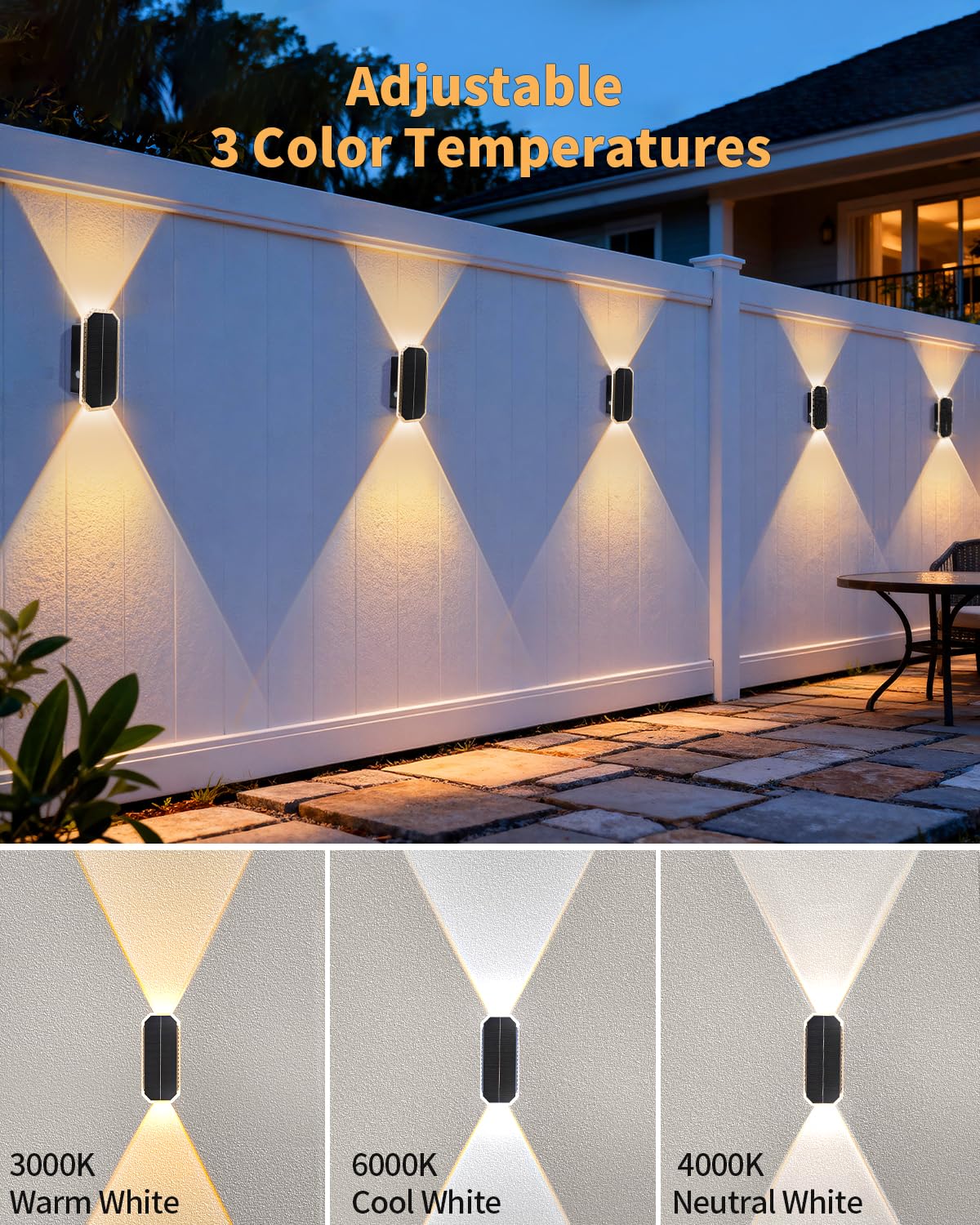 BRIMAX Lampada solare da parete per esterni, a doppia parete, 1800 mAh, IP65, resistente alle intemperie, con 3 modalità di colore, bianco caldo/bianco neutro/bianco freddo, Up Down LED, illuminazione