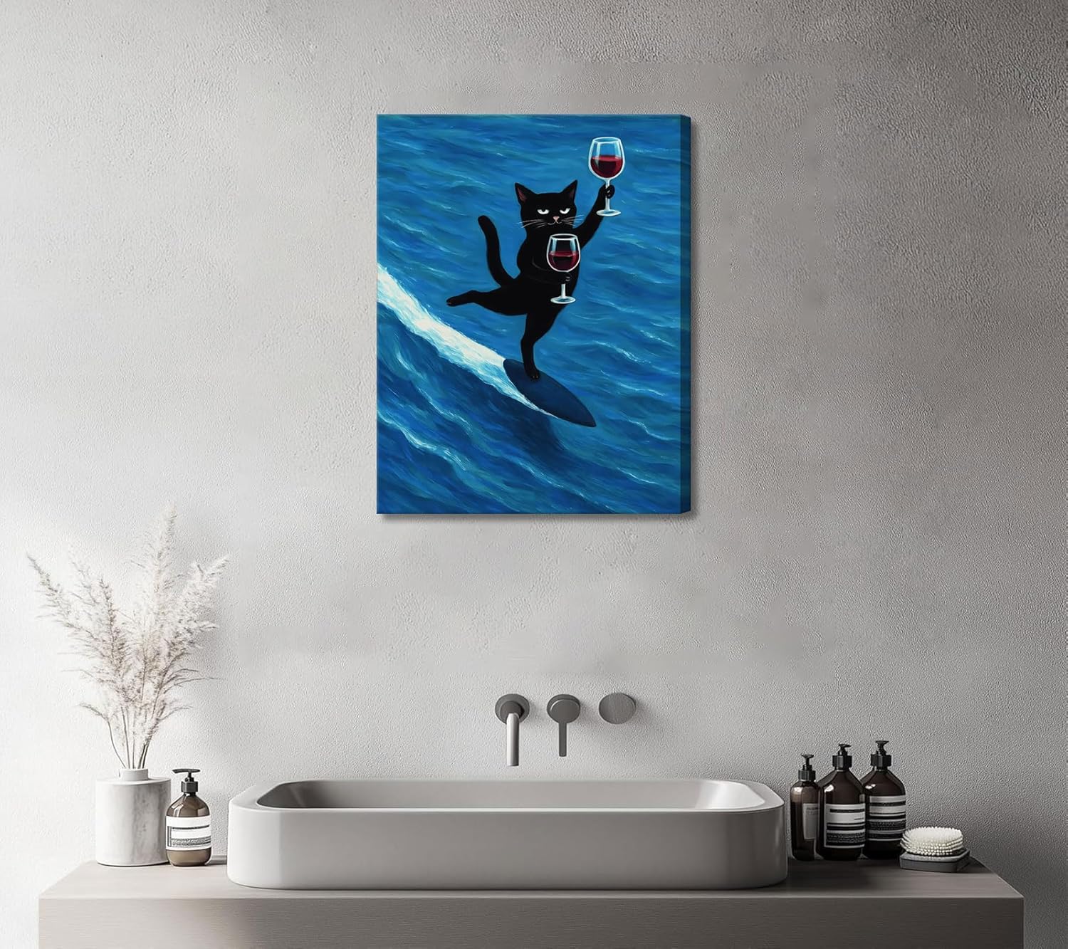 Funny Black Cat Canvas Wall Art Blue Modern Abstract Animal Print Poster Artwork Cute Cat Surfing with Wine Glass Painting Picture Wall Decor for Bathroom Bar Living Room Home Decoration 16x24in