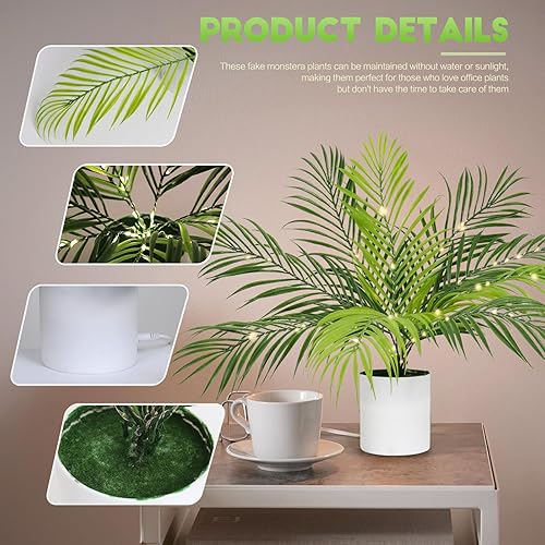 Miniatura 13 de RECUTMS Plantas falsas altas de 18 pulgadas con luz artificial Monstera planta palmera tropical en maceta blanca de imitación vegetación en maceta