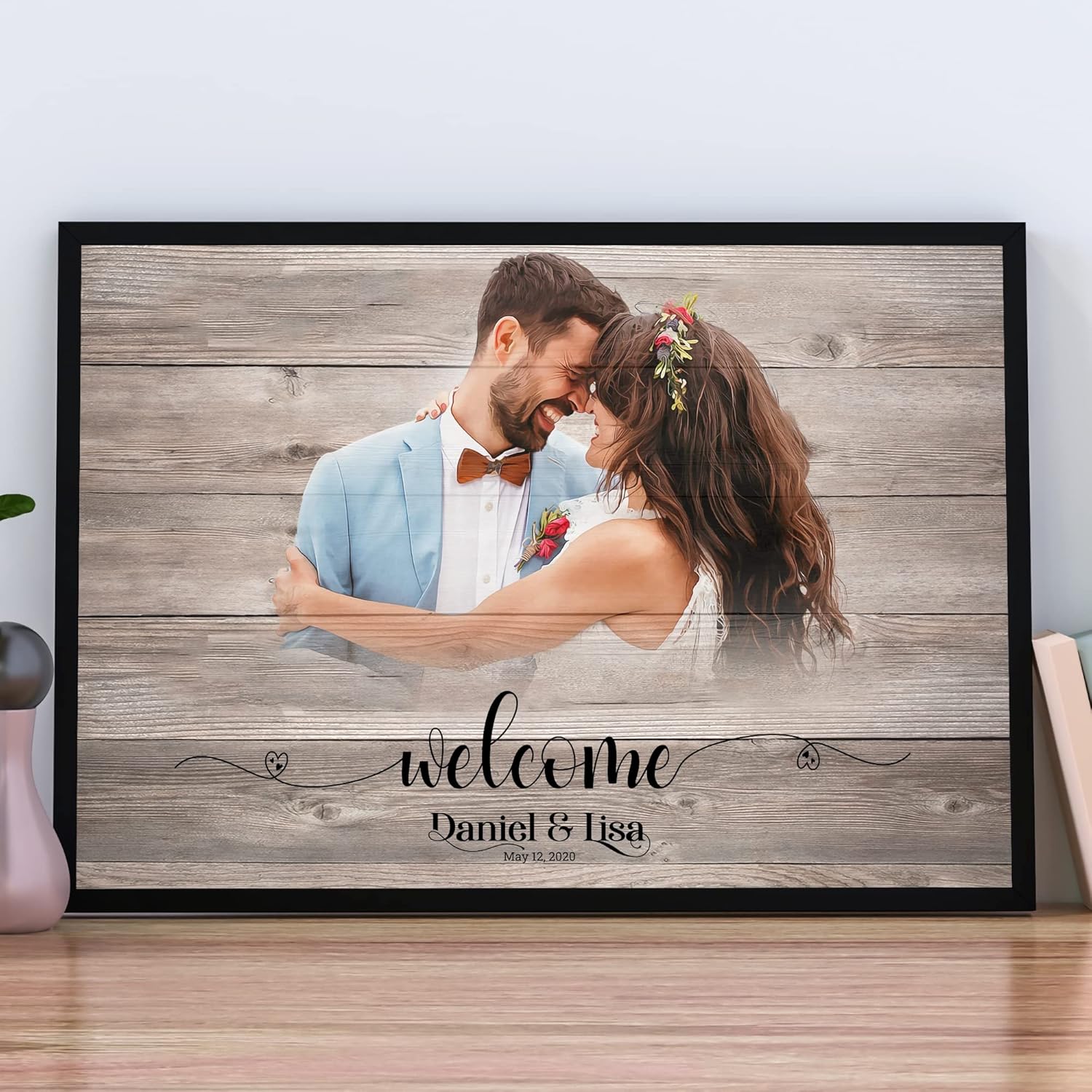 Custom Wedding Welcome Sign with Photo on Wood Background Personalized Rustic Wedding Signs Reception, Guest Book Sign Ready to Display Canvas