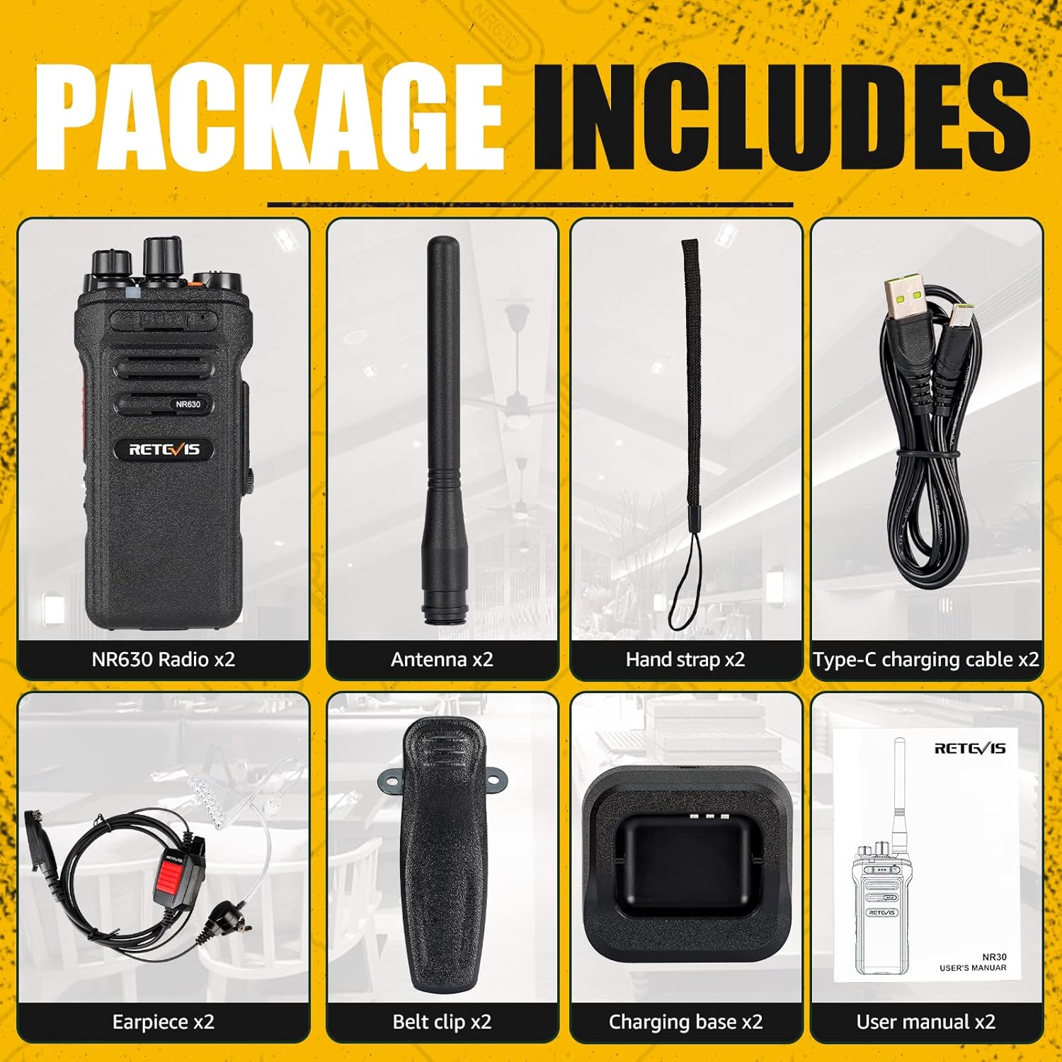 Image showing all included accessories for the Retevis NR630 radio