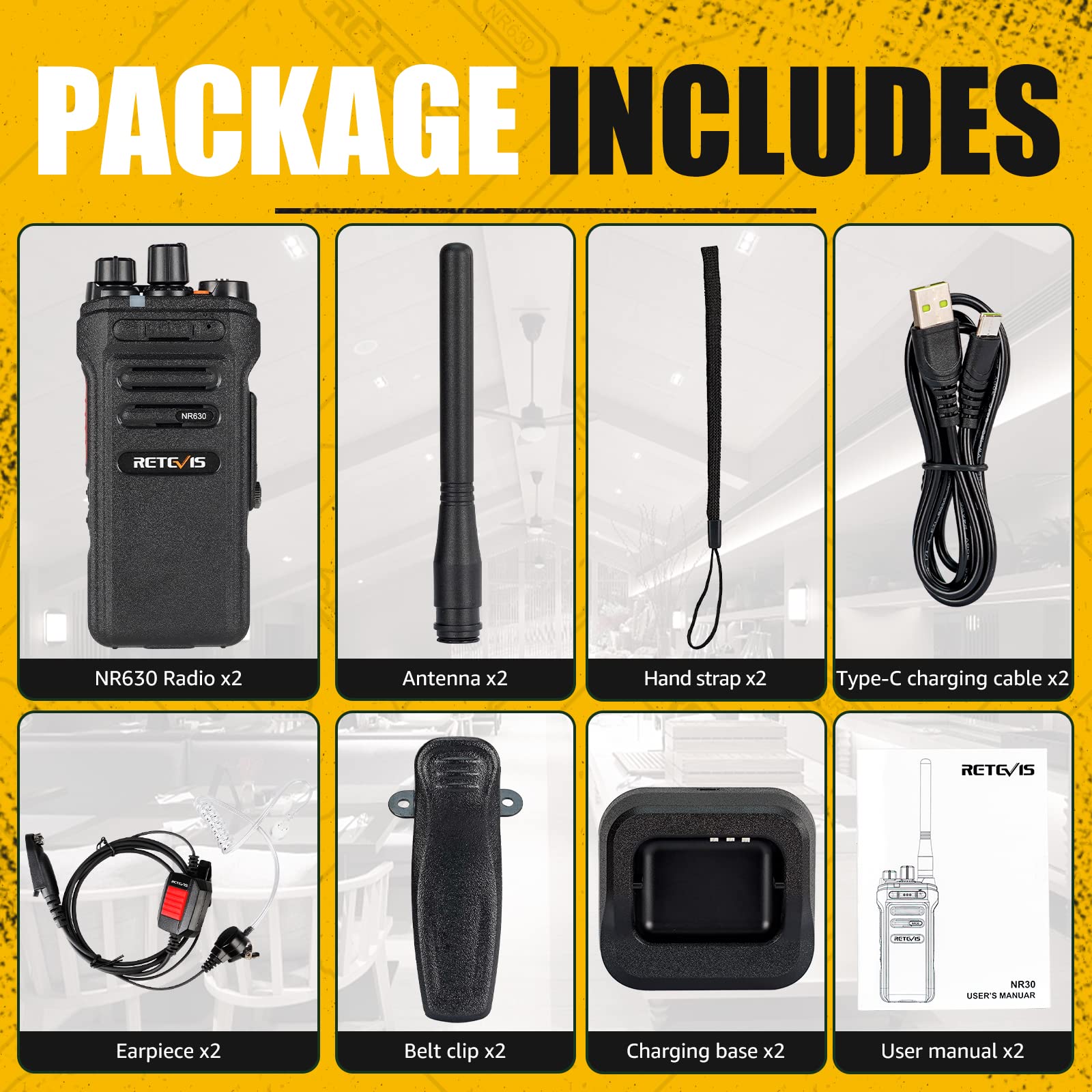 Retevis NR630 Talkie Walkie Professionnel IP67 Étanche Longue Portée 2800mAh VOX Rechargeable avec Casque Noir 2Pcs