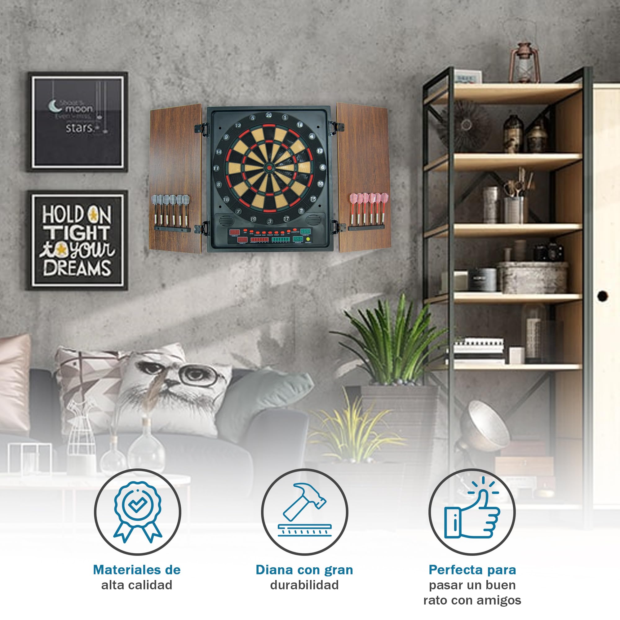 Diana Electrónica Eros | Diana con Puertas de Madera y Pantalla LED | 27 Juegos y 202 Variaciones | Multijugador hasta 8 Jugadores | Incluye 12 Dardos y Adaptador