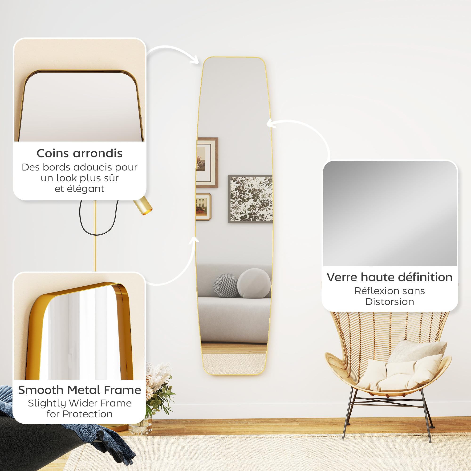 HOMCOM Grand Miroir Mural Ovale 160 x 40 cm, Miroir Suspendu Moderne, Cadre en métal et Bois, prêt à accrocher, pour Chambre, Salon, Dressing, entrée, doré