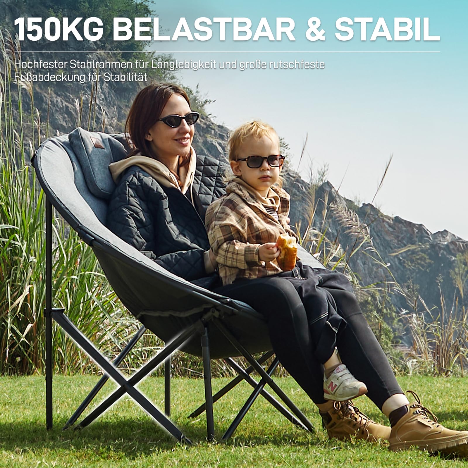 EVER ADVANCED Luxus Moonchair XXL Campingstuhl Faltbar 150KG Belastbar Rund Klappstuhl Dick Gepolstert, Übergroßer Campingsessel mit Kissen, Extra Breit für Outdoor Camping Garten Balkon Indoor, Grau