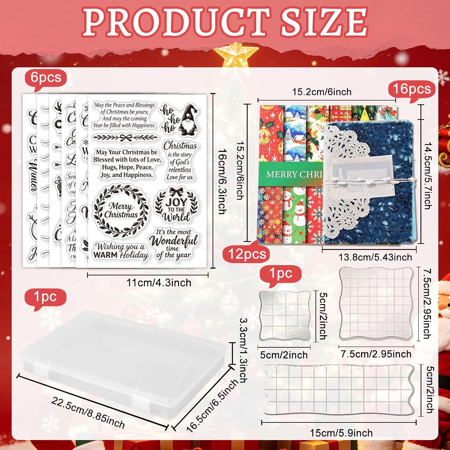 GLOBLELAND 6 Sheets Christmas Greetings Clear Stamps Set with 3 Pcs Acrylic Blocks and 2 Style Scrapbook Papers for Card Making DIY Scrapbooking Photo Album Decor