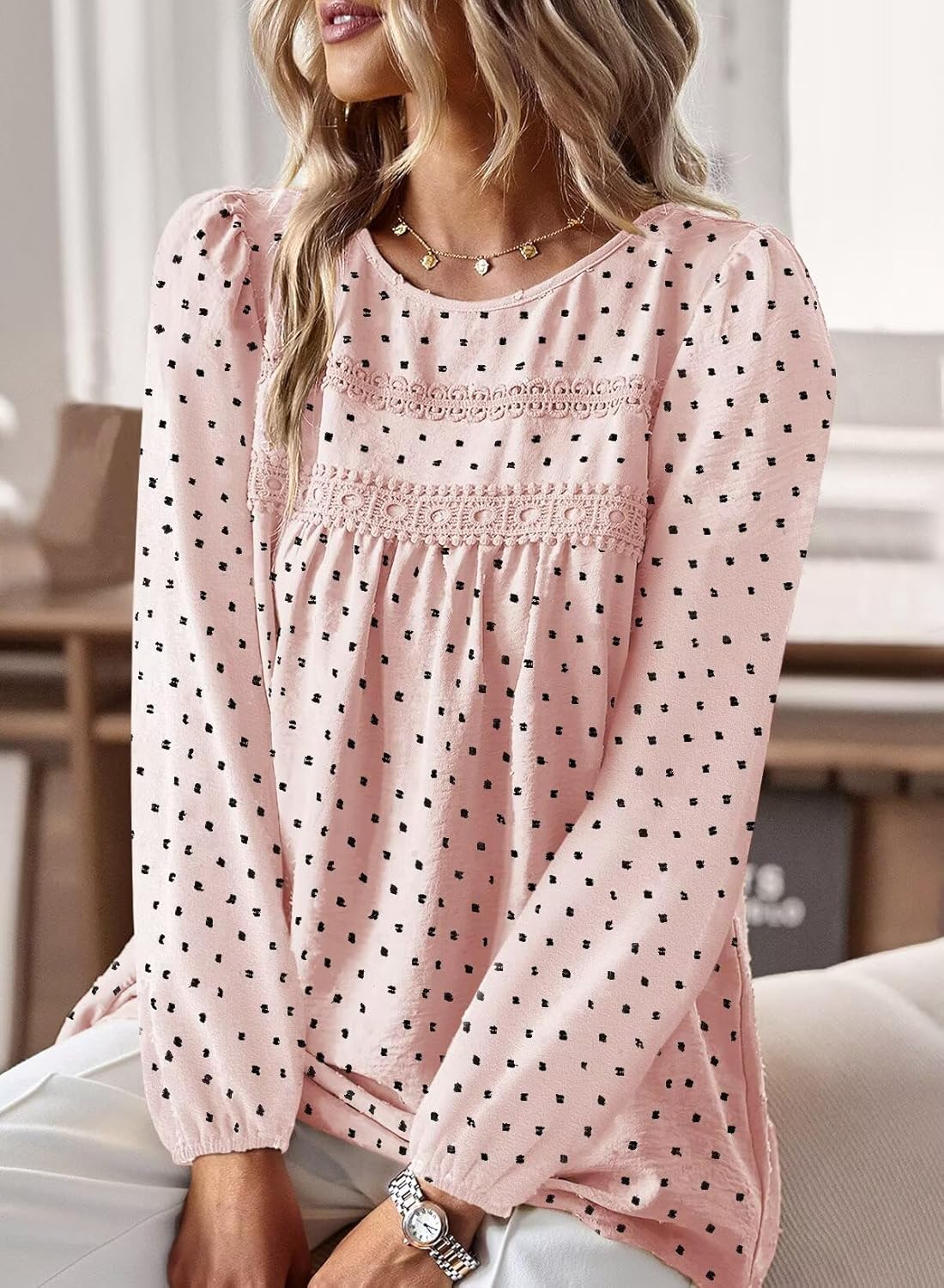 Boho Tops for Women Long Sleeve Shirts Crewneck Flowy Womens Blouses Dressy Casual Lace Hem Clothing Trendy 2026 - Image 2