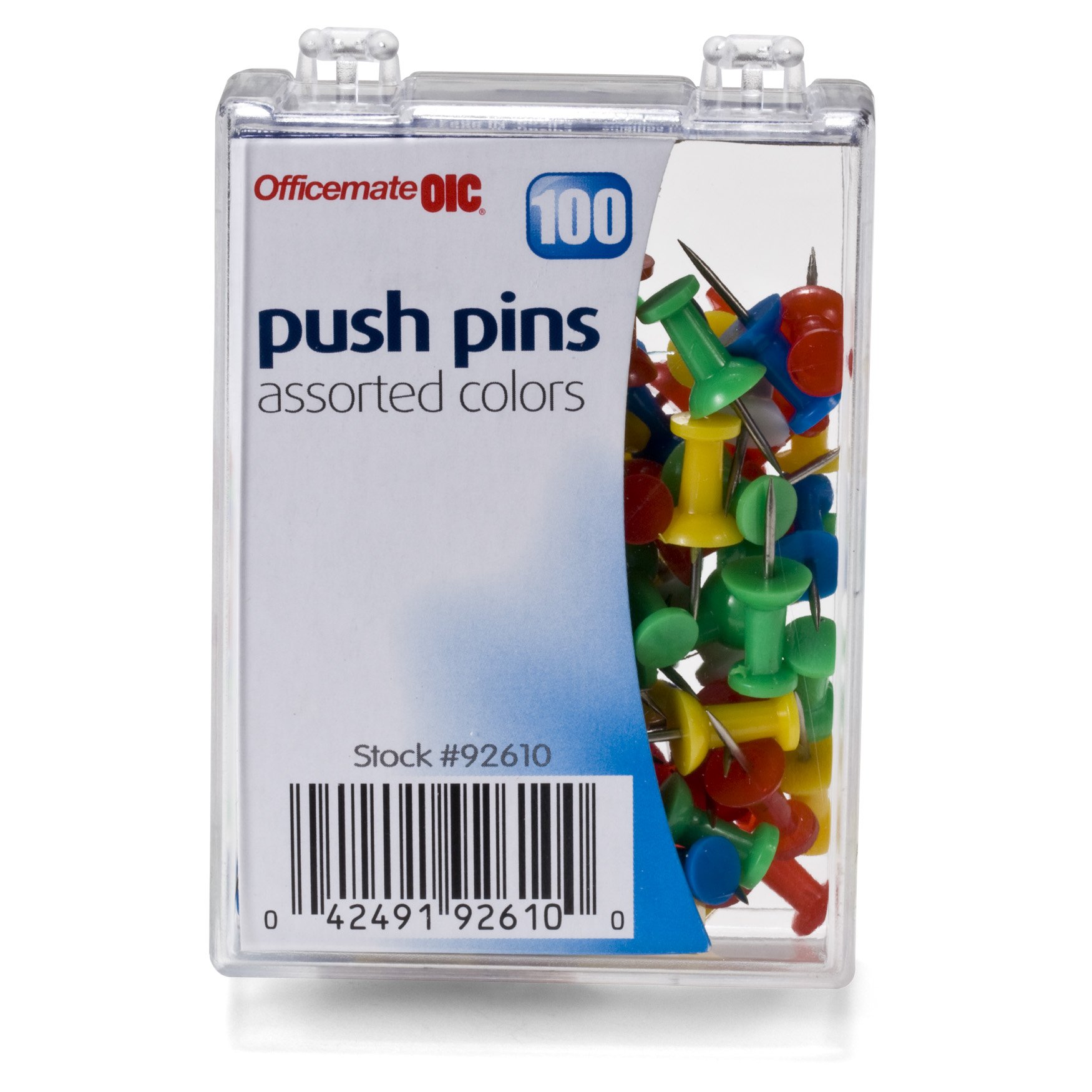 Officemate Push Pins in Reusable Box, Assorted Colors, Box of 100 (92610)