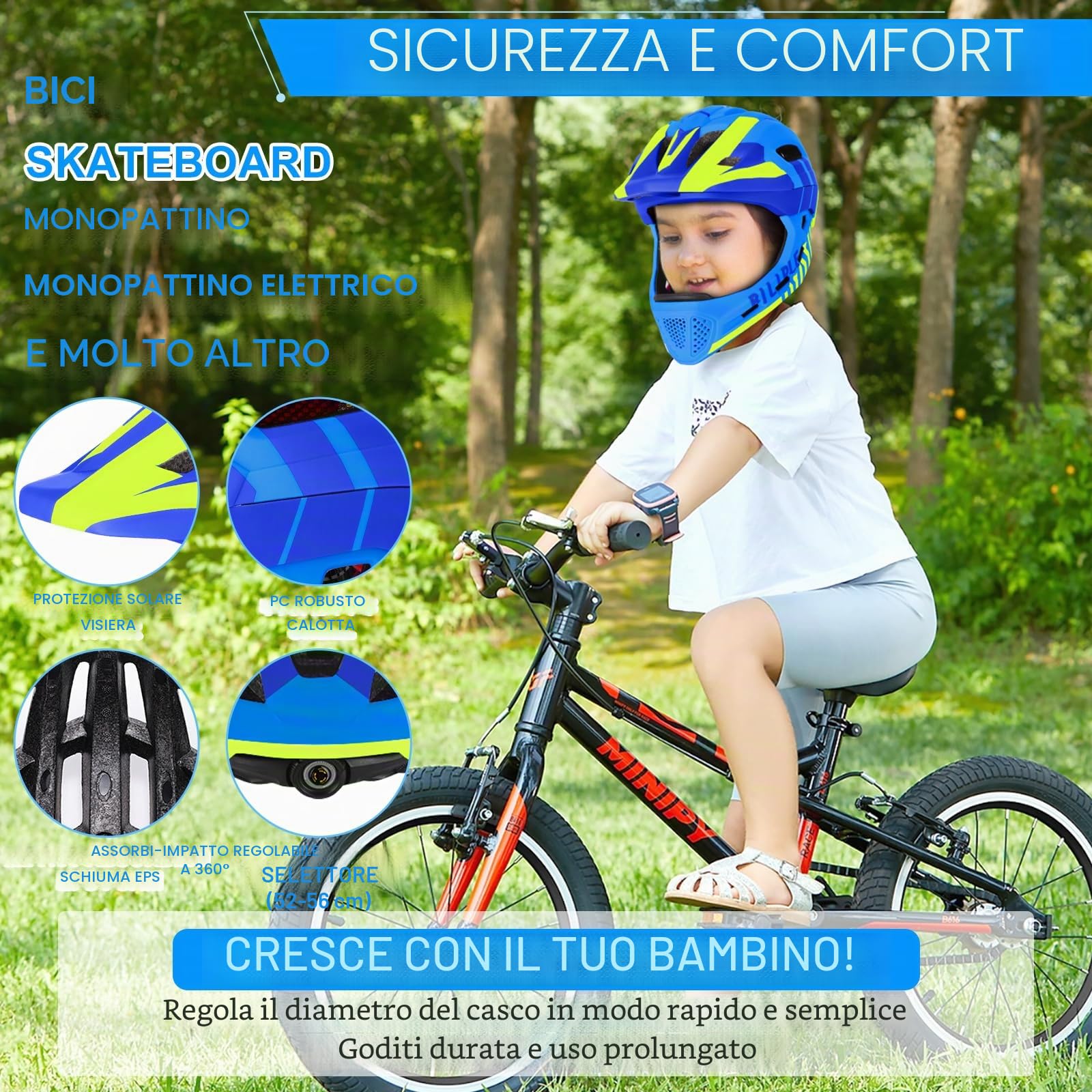 Casco da Bicicletta per Bambini, Caschi di Guida per Bimbo con Mentoniera Staccabile, Casco Integrale per Bambini e Adolescenti, Unisex 52-56 cm, per Balance Bike Scooter Roller Skates